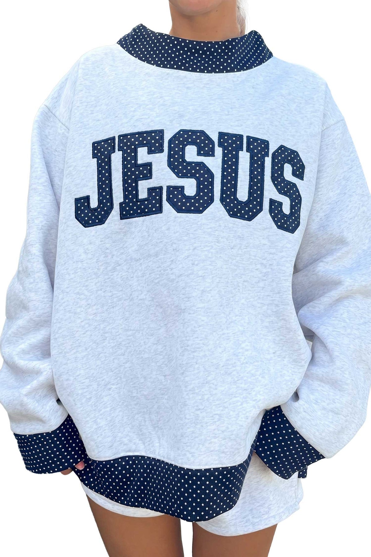 Light Grey Polka Dot Contrast Trim JESUS Letter Graphic Sweatshirt-Tops/Sweatshirts & Hoodies-[Adult]-[Female]-2022 Online Blue Zone Planet