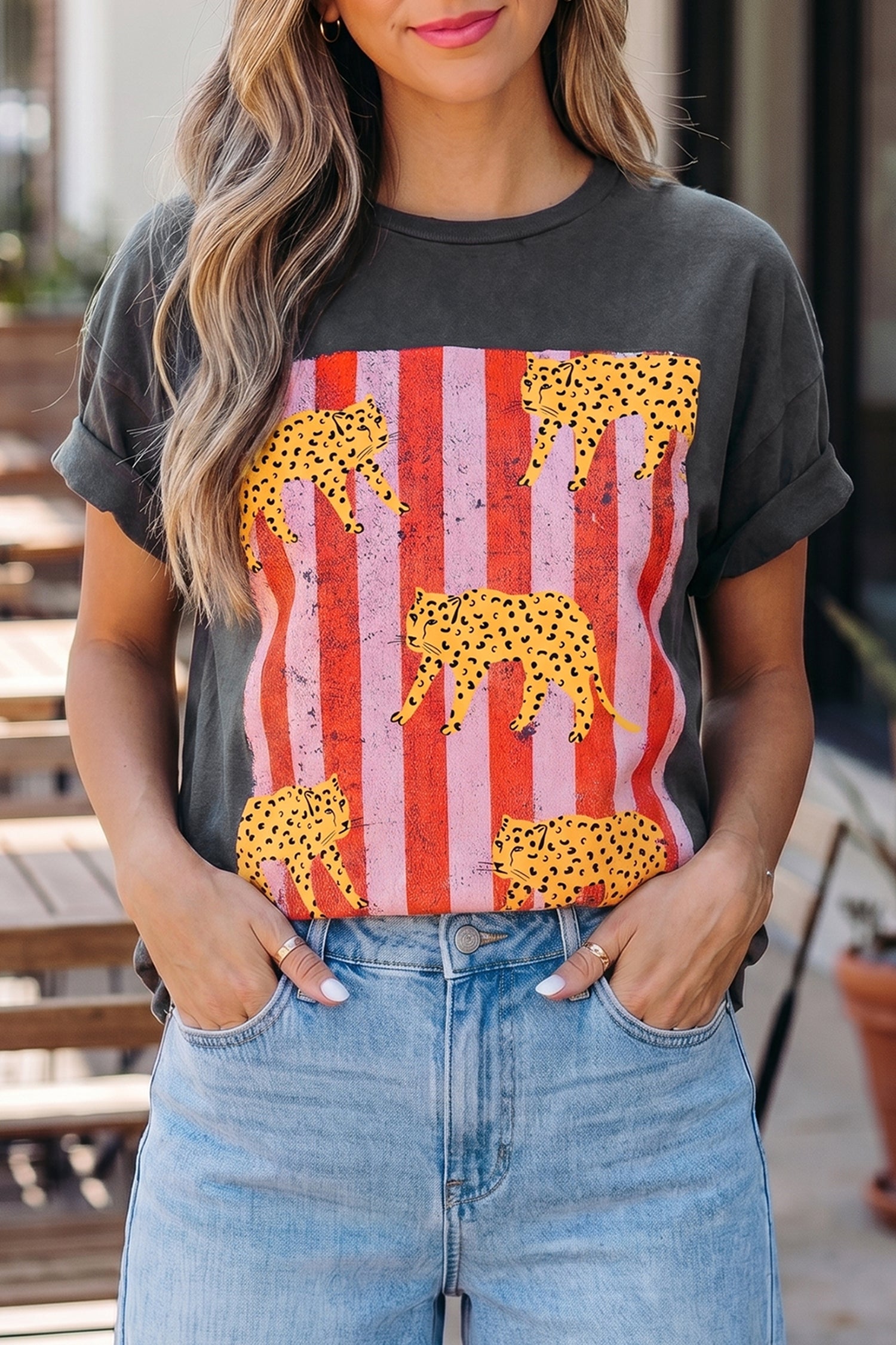 White Cheetah Striped Print Retro Fashion Graphic Tee-Tops/Tops & Tees-[Adult]-[Female]-Dark Grey-S-2022 Online Blue Zone Planet