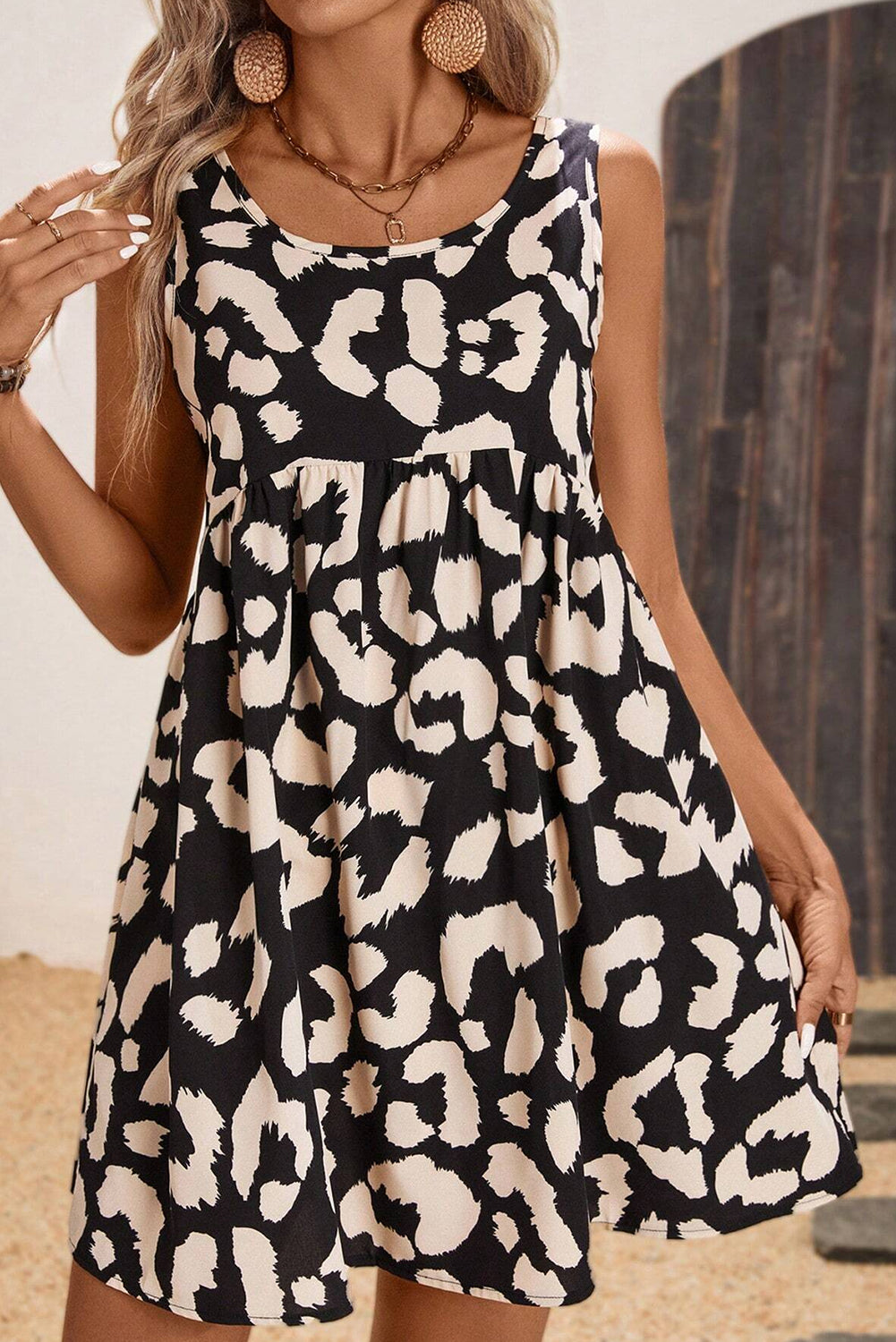 Black Leopard Print U Neck Sleeveless High Waist Dress-Short Dresses-[Adult]-[Female]-2022 Online Blue Zone Planet