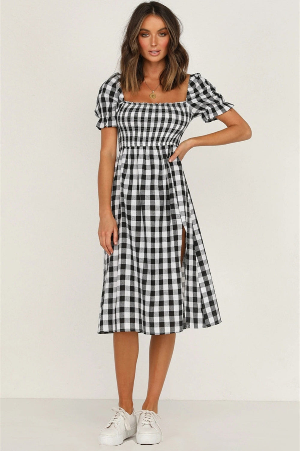 Full Size Slit Plaid Short Sleeve Midi Dress-TOPS / DRESSES-[Adult]-[Female]-Black-S-2022 Online Blue Zone Planet