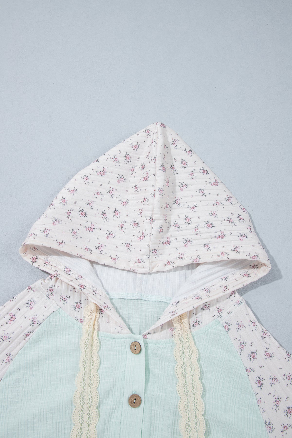 Clearly Aqua Textured Floral Patchwork Button Hooded Long Sleeve Top-Tops / Dresses-[Adult]-[Female]-2022 Online Blue Zone Planet