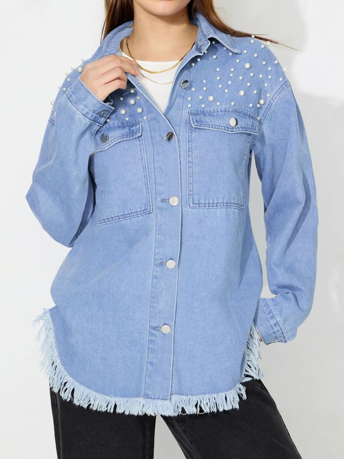 Blue Zone Planet | Raw Hem Pearl Trim Collared Neck Denim Top-TOPS / DRESSES-[Adult]-[Female]-2022 Online Blue Zone Planet