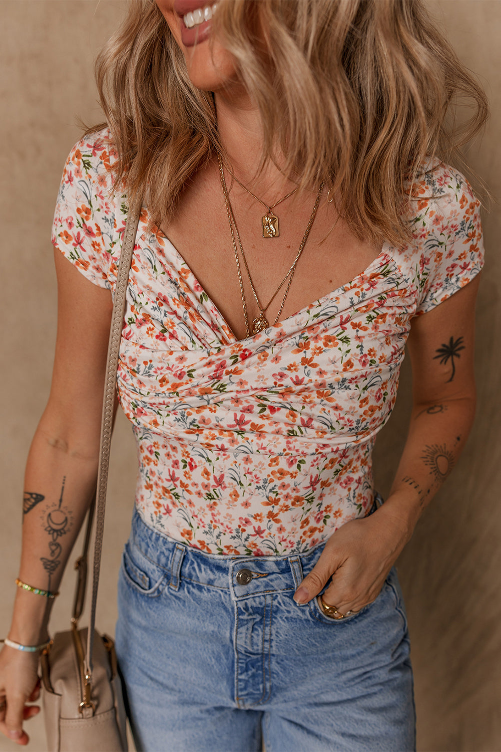 Orange Short Sleeve Floral Ruched Sweetheart Bodysuit-Tops/Bodysuits-[Adult]-[Female]-Orange-S-2022 Online Blue Zone Planet