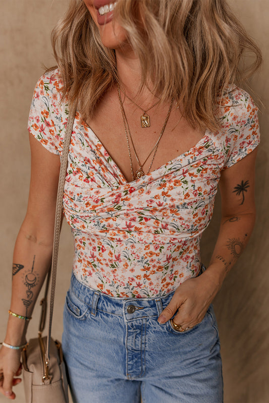 Orange Short Sleeve Floral Ruched Sweetheart Bodysuit-Tops/Bodysuits-[Adult]-[Female]-Orange-S-2022 Online Blue Zone Planet