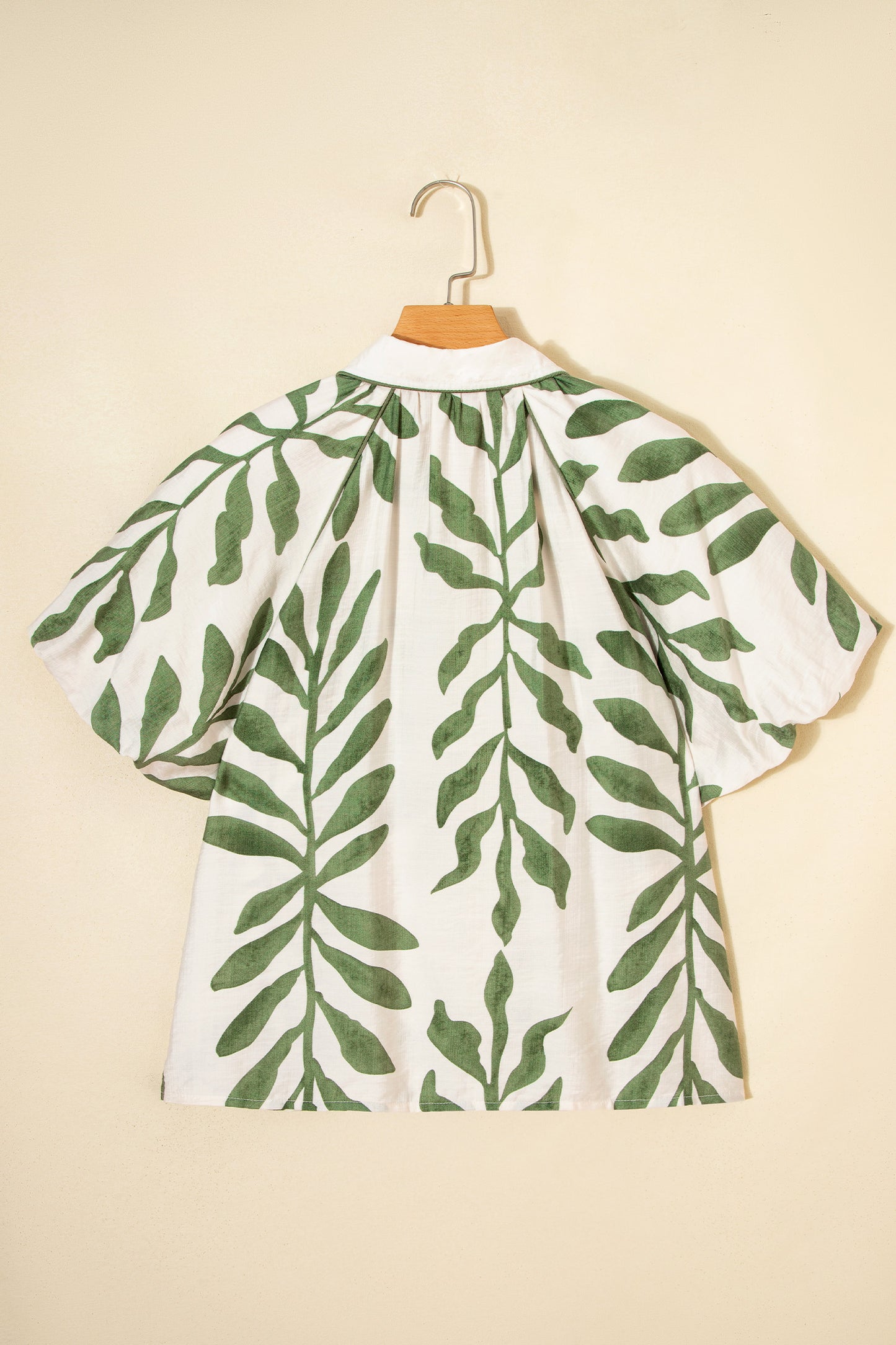 Green Leaf Print Short Balloon Sleeve Shirt-Tops/Blouses & Shirts-[Adult]-[Female]-2022 Online Blue Zone Planet
