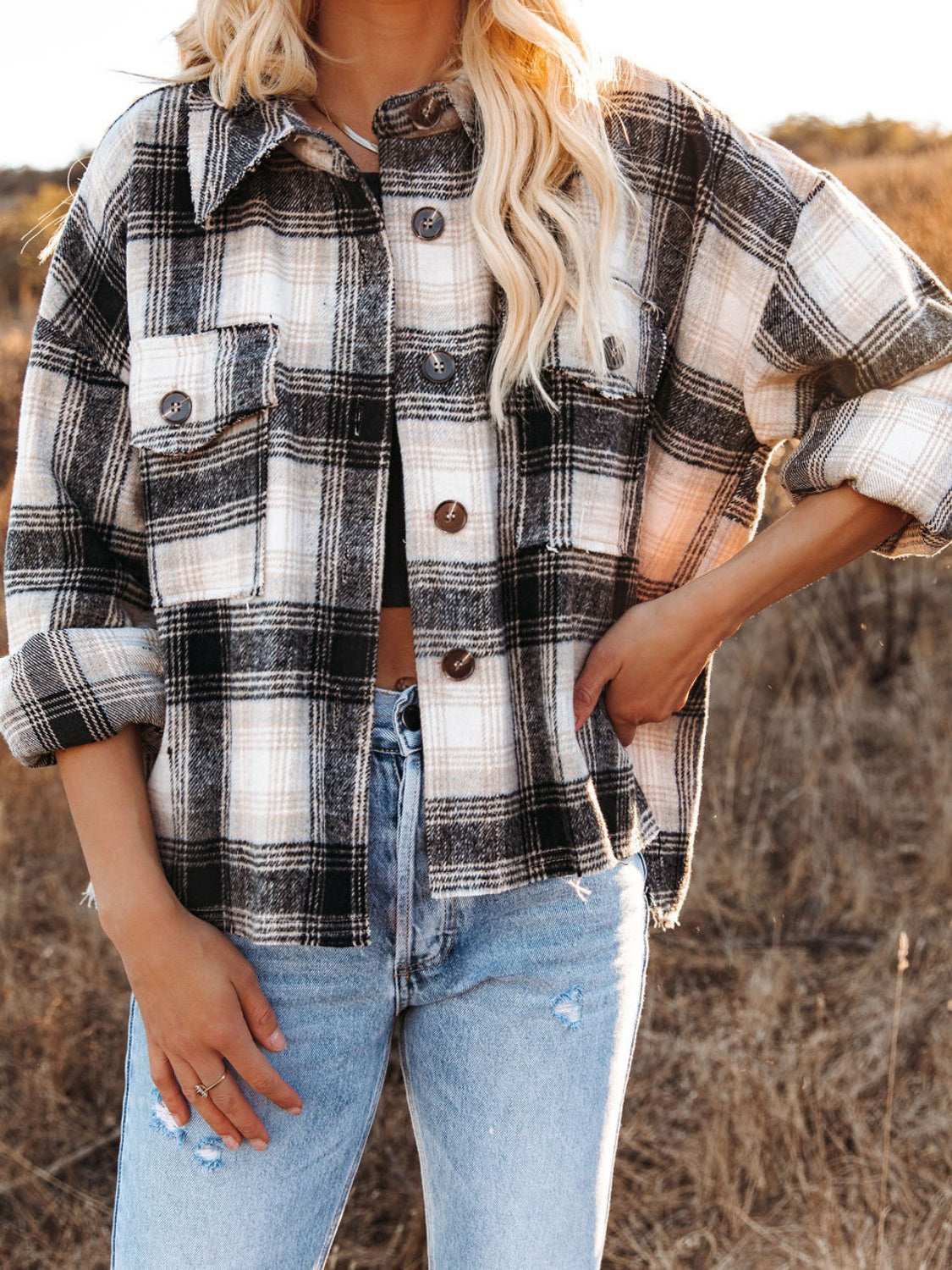 Pocketed Plaid Button Down Long Sleeve Shacket-TOPS / DRESSES-[Adult]-[Female]-2022 Online Blue Zone Planet