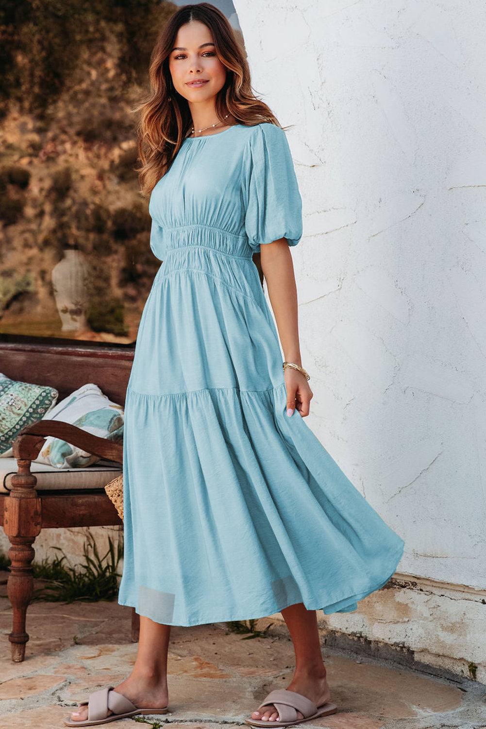 Light Blue Puff Sleeve Pleated High Waist Flowy Long Dress-Dresses/Maxi Dresses-[Adult]-[Female]-2022 Online Blue Zone Planet