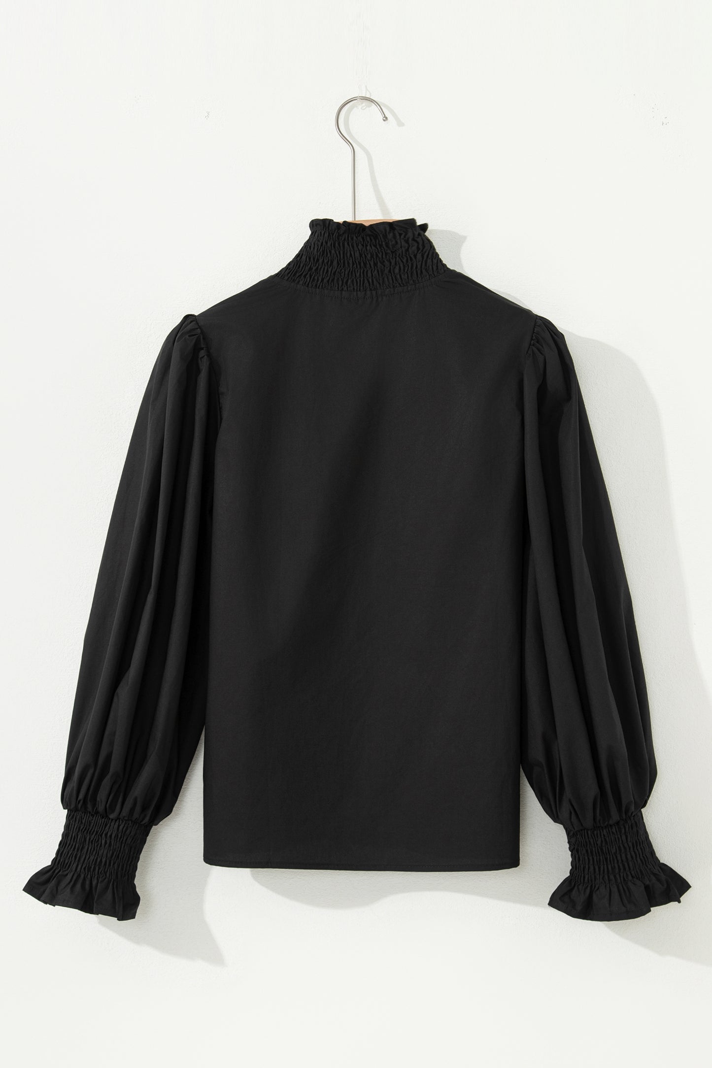 Black Puffy Flounce Sleeve Leopard Trim V Neck Blouse-Tops/Blouses & Shirts-[Adult]-[Female]-2022 Online Blue Zone Planet