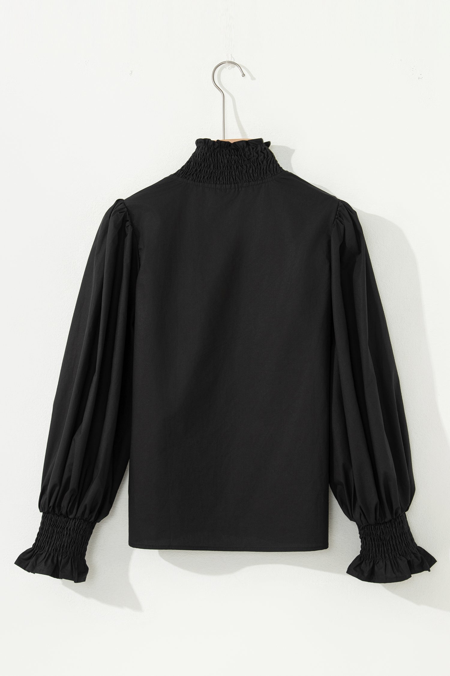 Black Puffy Flounce Sleeve Leopard Trim V Neck Blouse-Tops/Blouses & Shirts-[Adult]-[Female]-2022 Online Blue Zone Planet