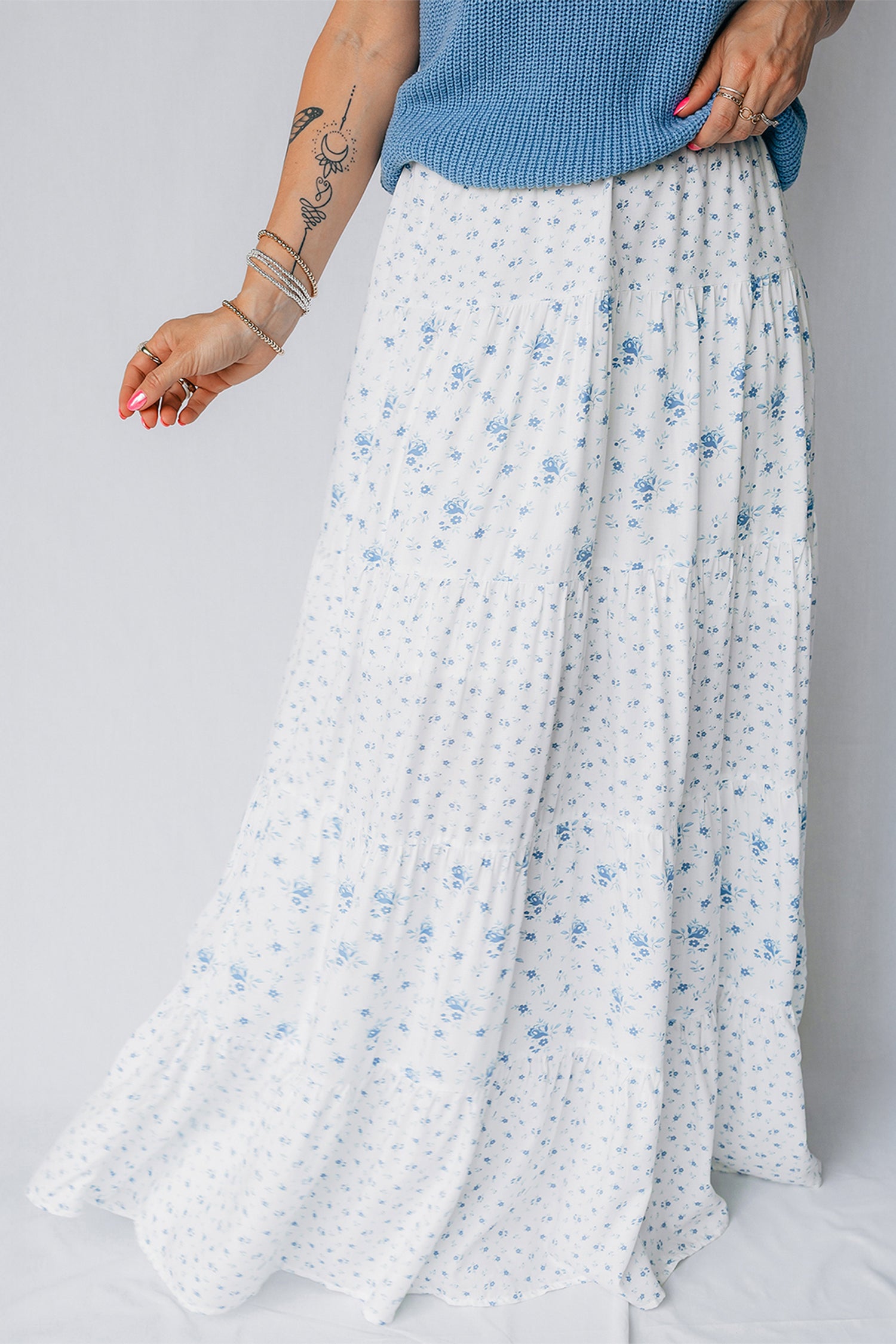 Sky Blue High Waist Tiny Floral Print Boho Maxi Skirt-Bottoms/Skirts & Petticoat-[Adult]-[Female]-2022 Online Blue Zone Planet