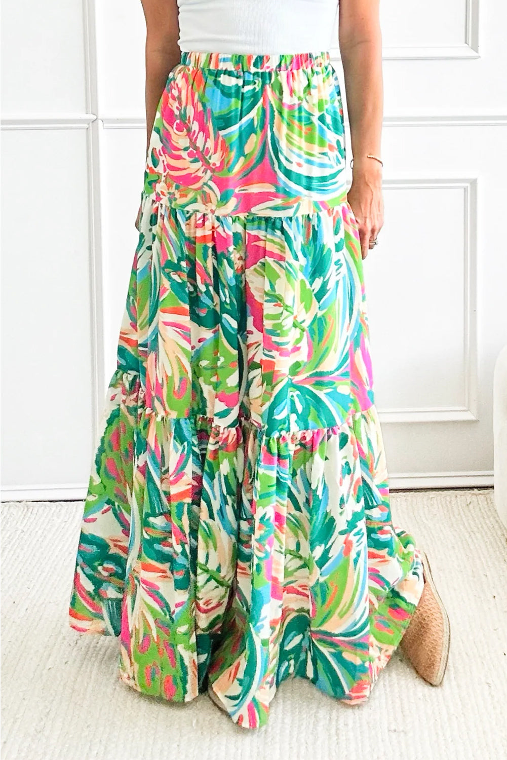 Green Abstract Printed High Waist Tiered Maxi Skirt-Bottoms/Skirts & Petticoat-[Adult]-[Female]-Green-S-2022 Online Blue Zone Planet