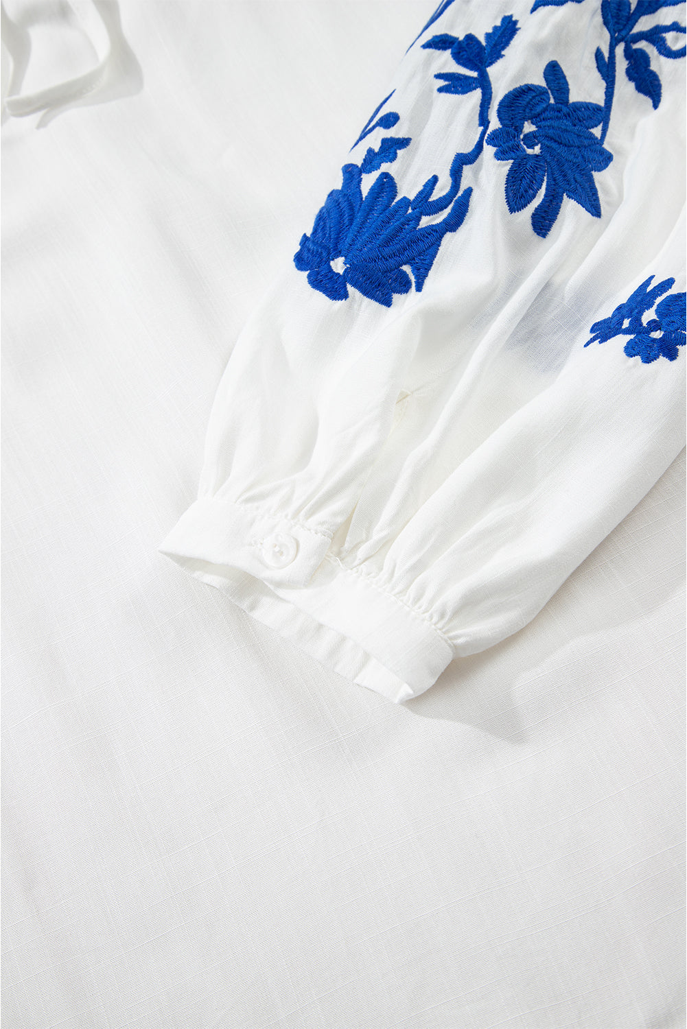 White Floral Embroidered Drawstring V Neck Blouse-Tops/Blouses & Shirts-[Adult]-[Female]-2022 Online Blue Zone Planet