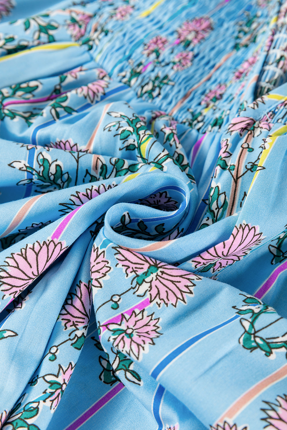Blue Zone Planet | Sky Blue Floral Striped Print Tie Shirred Splie Neck Blouse-Tops/Blouses & Shirts-[Adult]-[Female]-2022 Online Blue Zone Planet
