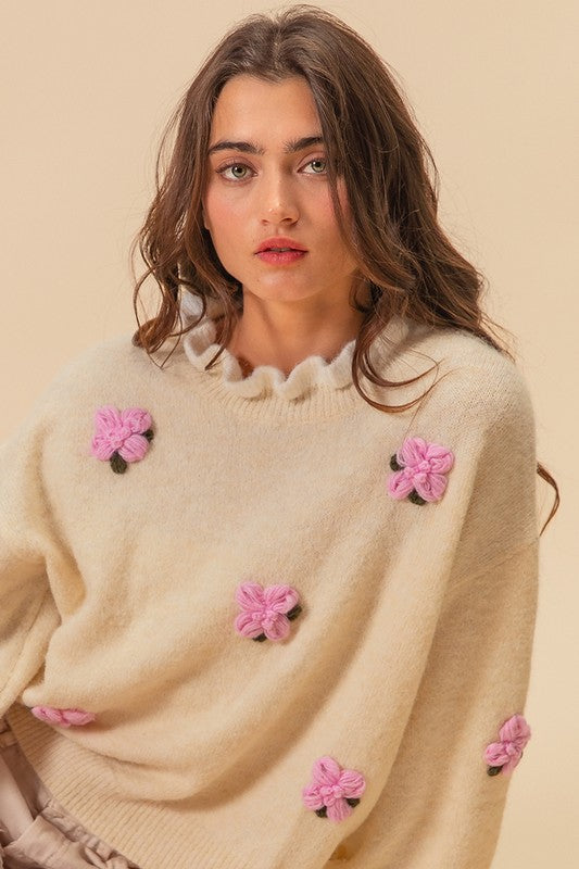 BiBi Ruffled Crochet Flower Dropped Shoulder Sweater-TOPS / DRESSES-[Adult]-[Female]-2022 Online Blue Zone Planet