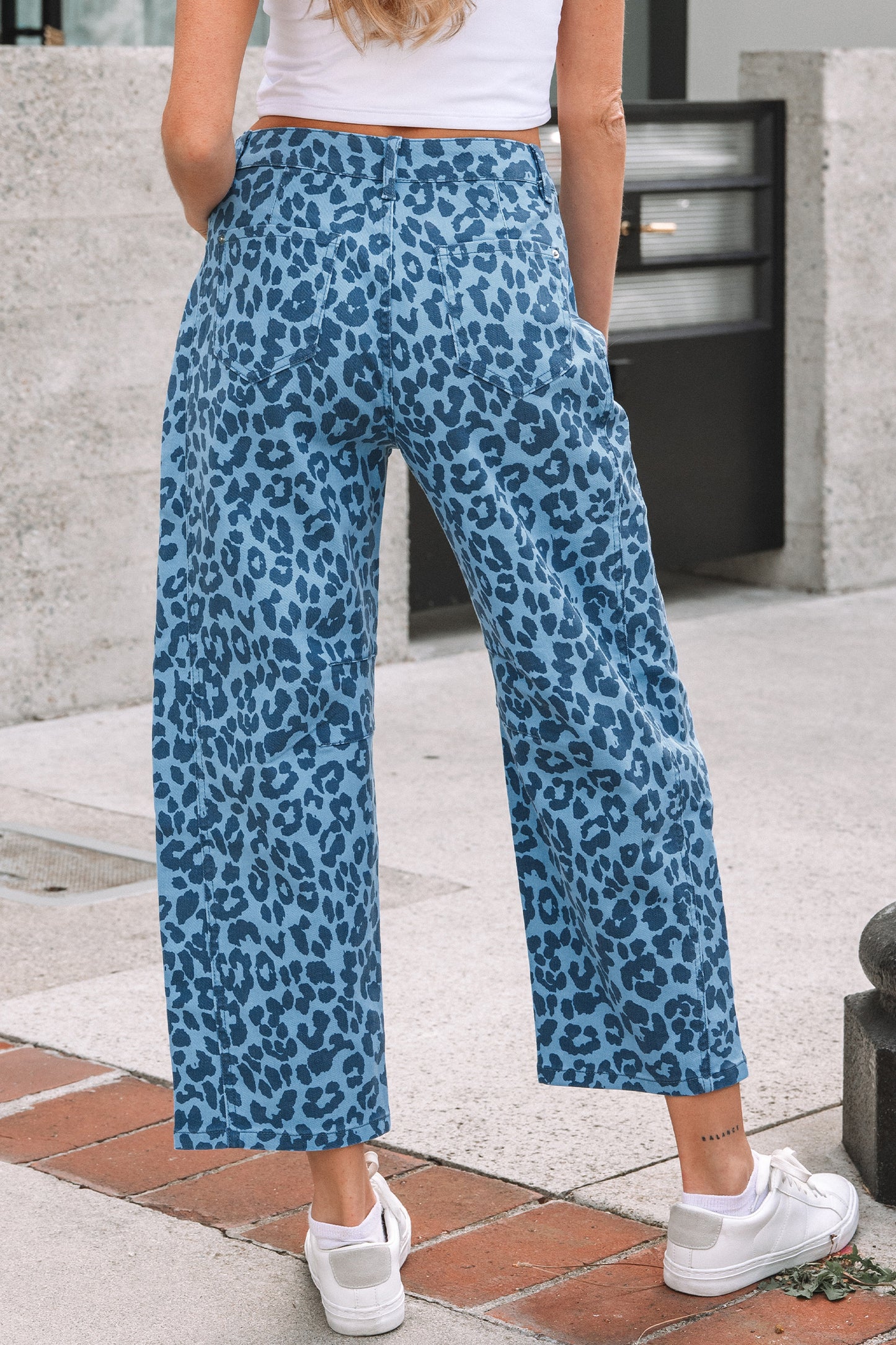 Sky Blue Leopard Print Straight Loose Jeans-Bottoms/Jeans-[Adult]-[Female]-2022 Online Blue Zone Planet