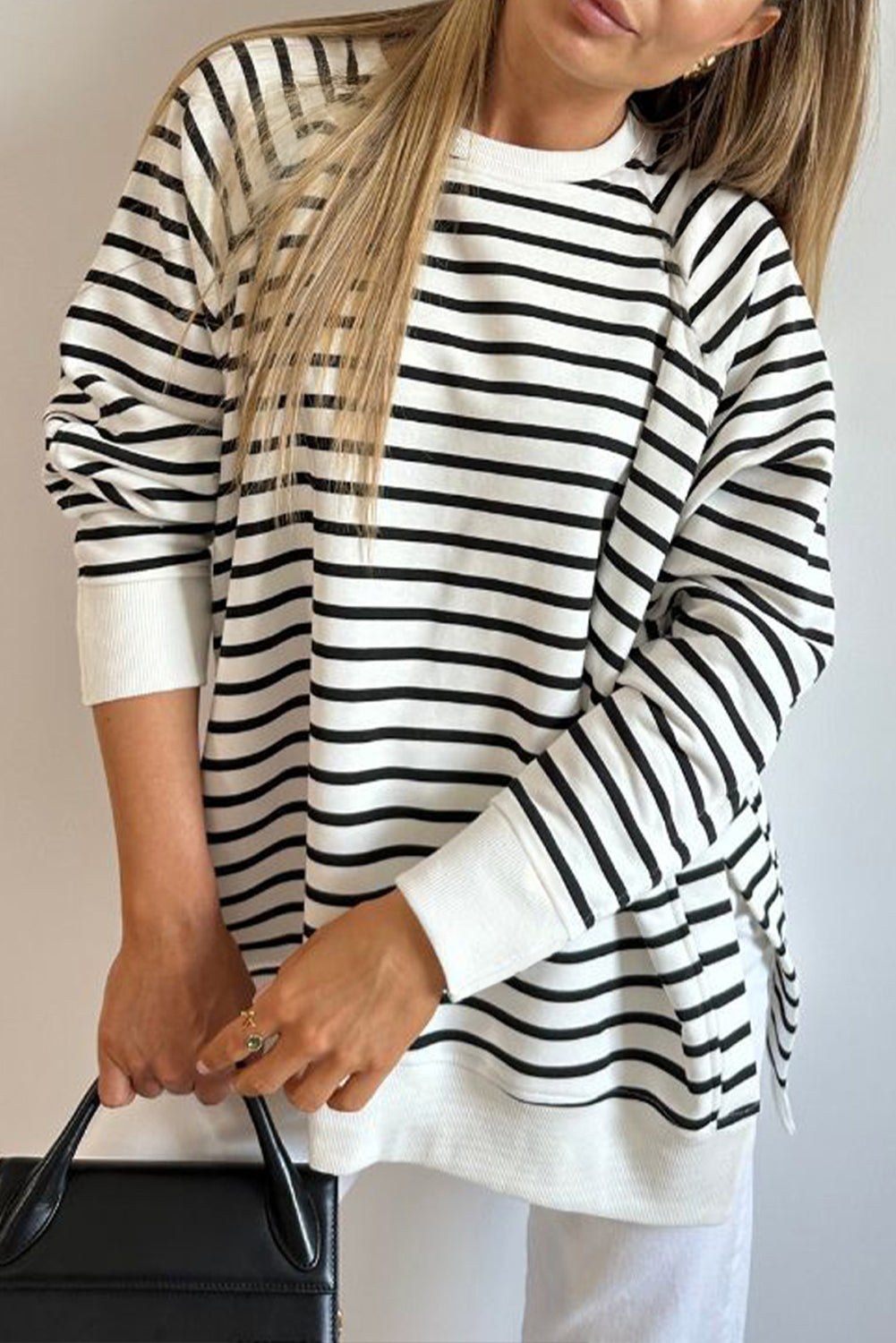Blue Zone Planet | Black Stripe Raglan Sleeve Side Slits Loose Sweatshirt-Tops/Sweatshirts & Hoodies-[Adult]-[Female]-2022 Online Blue Zone Planet