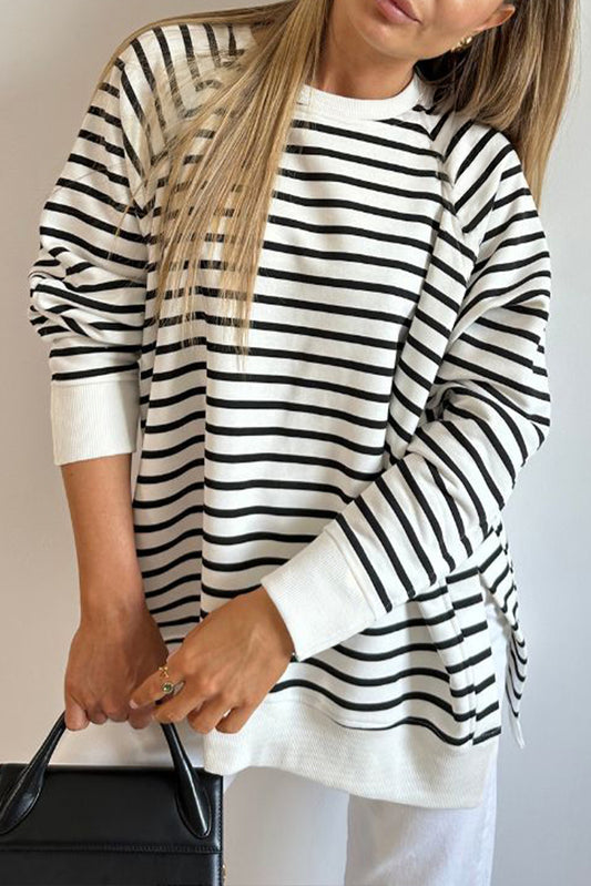 Blue Zone Planet | Black Stripe Raglan Sleeve Side Slits Loose Sweatshirt-Tops/Sweatshirts & Hoodies-[Adult]-[Female]-2022 Online Blue Zone Planet