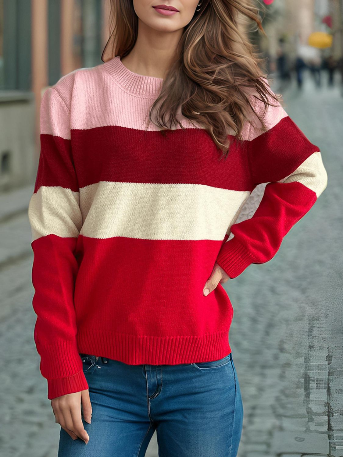 Blue Zone Planet | Color Block Round Neck Long Sleeve Sweater-TOPS / DRESSES-[Adult]-[Female]-2022 Online Blue Zone Planet