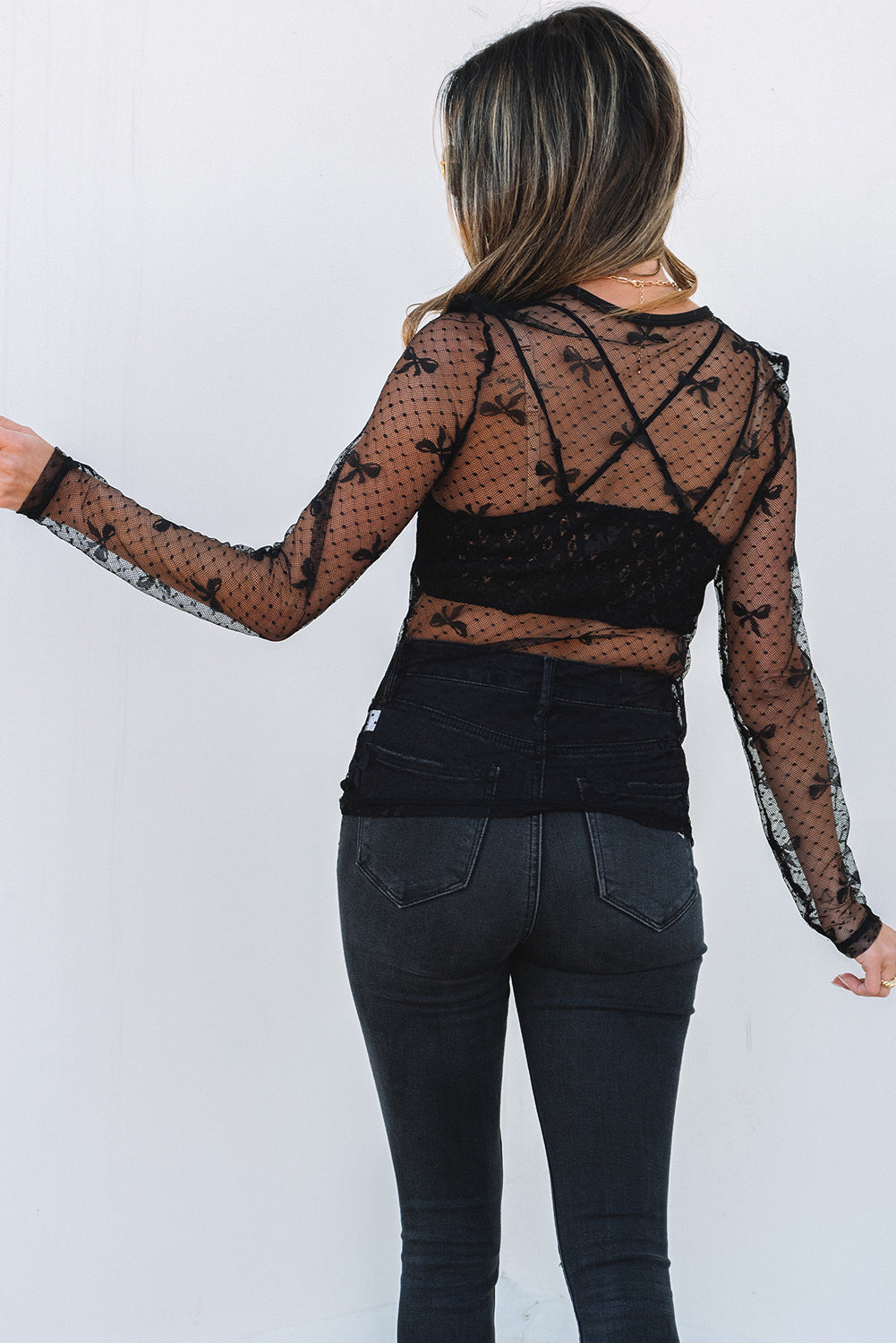 Black Bow Pattern Accent Mesh Long Sleeve Top-Tops/Long Sleeve Tops-[Adult]-[Female]-2022 Online Blue Zone Planet
