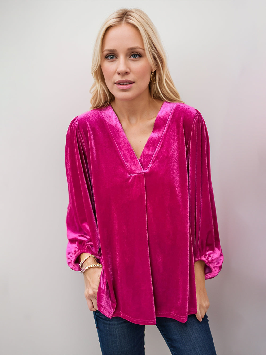 V-Neck Three-Quarter Sleeve Blouse-TOPS / DRESSES-[Adult]-[Female]-Cerise-S-2022 Online Blue Zone Planet