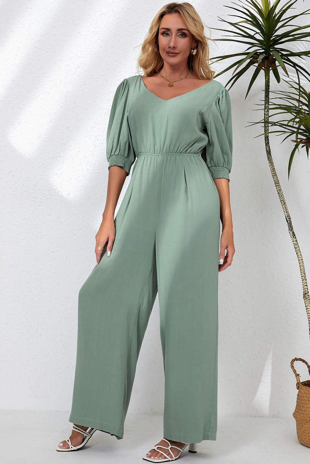 V-Neck Half Sleeve Jumpsuit-TOPS / DRESSES-[Adult]-[Female]-2022 Online Blue Zone Planet