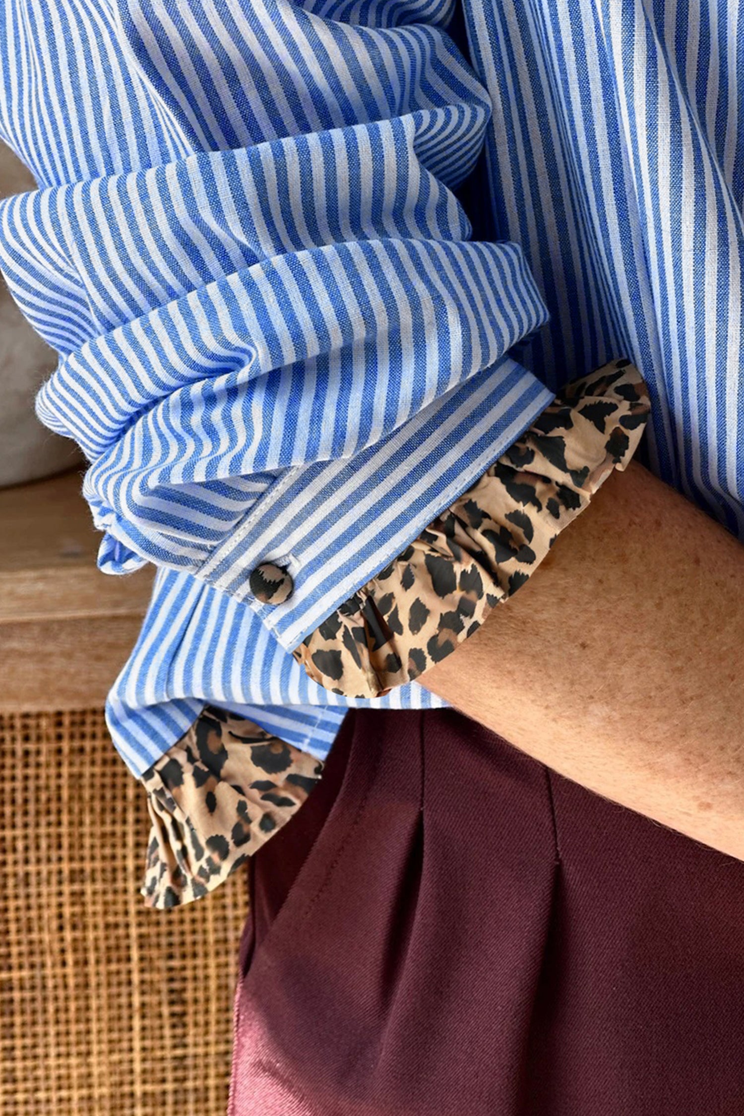 Sky Blue Stripe Contrast Frilled Leopard Trim Casual Long Sleeve Shirt-Tops/Blouses & Shirts-[Adult]-[Female]-2022 Online Blue Zone Planet