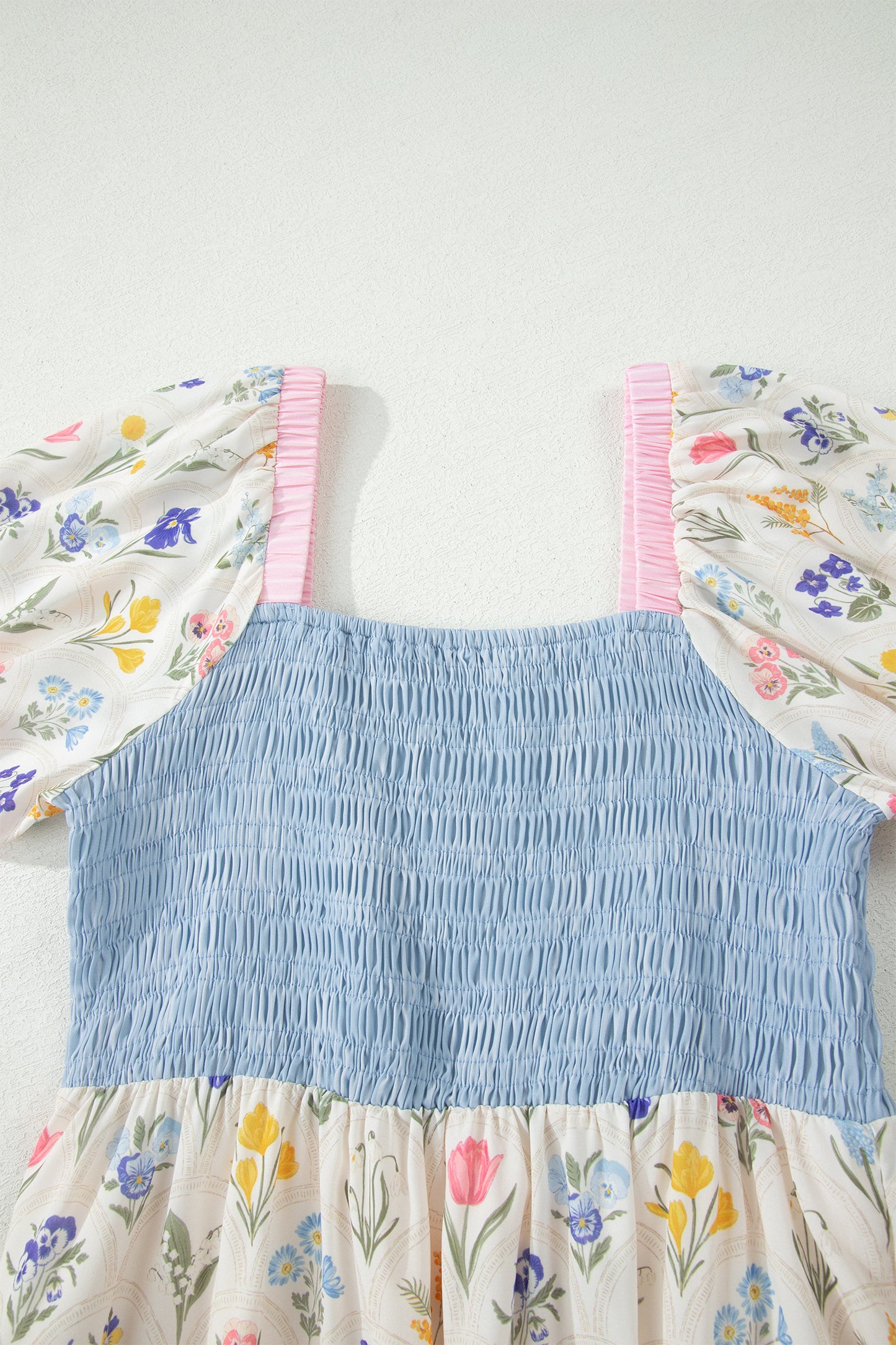 Multicolour Floral Print Striped Color Block Patchwork Square Neck Shirred Long Dress-TOPS / DRESSES-[Adult]-[Female]-2022 Online Blue Zone Planet