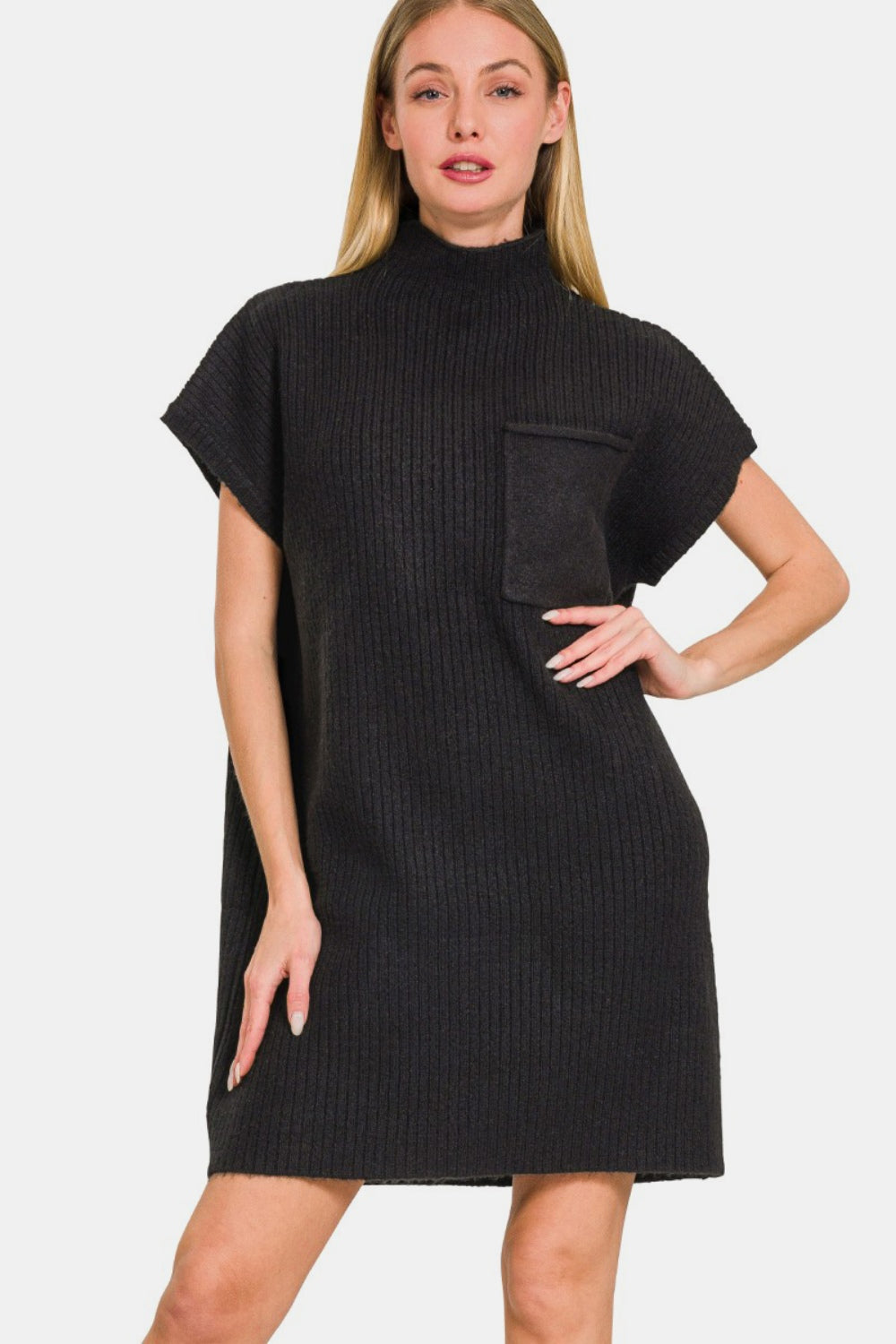 Zenana Short Sleeve Sweater Mini Dress-TOPS / DRESSES-[Adult]-[Female]-Black-S-2022 Online Blue Zone Planet