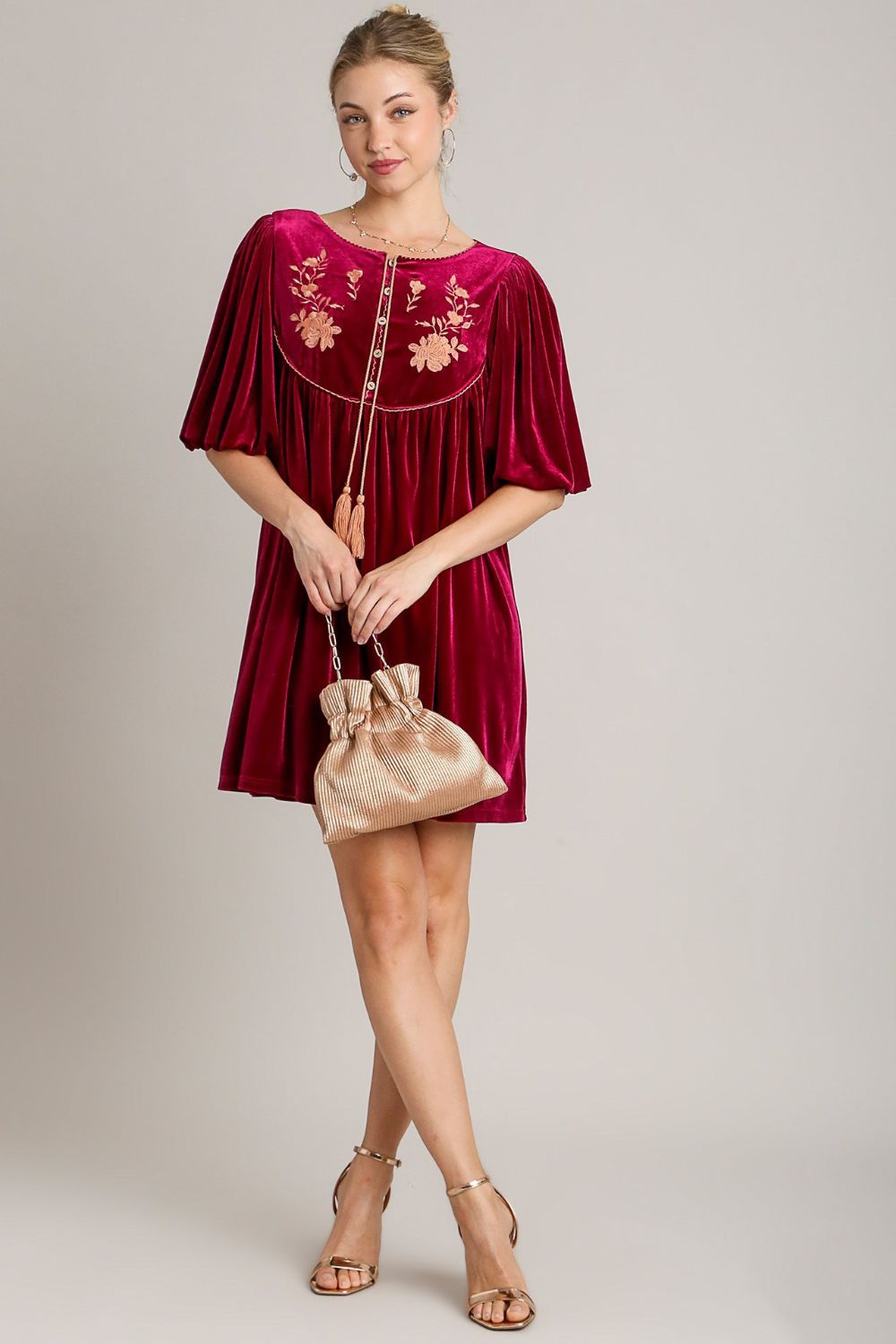 Umgee Embroidered Half Sleeve Velvet Mini Dress with Tassel-TOPS / DRESSES-[Adult]-[Female]-2022 Online Blue Zone Planet