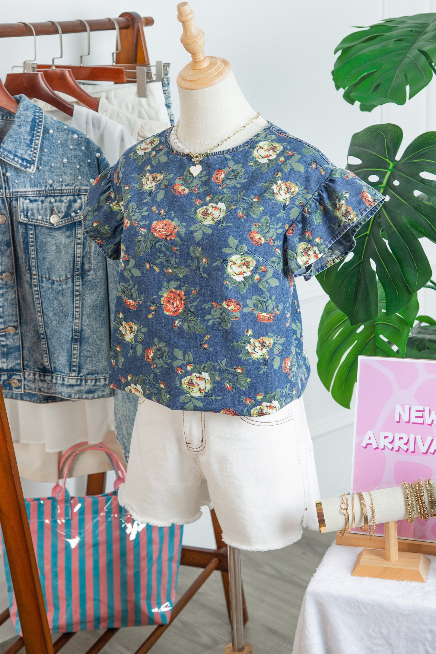 Ashleigh Blue Ruffled Short Sleeve Floral Denim Top