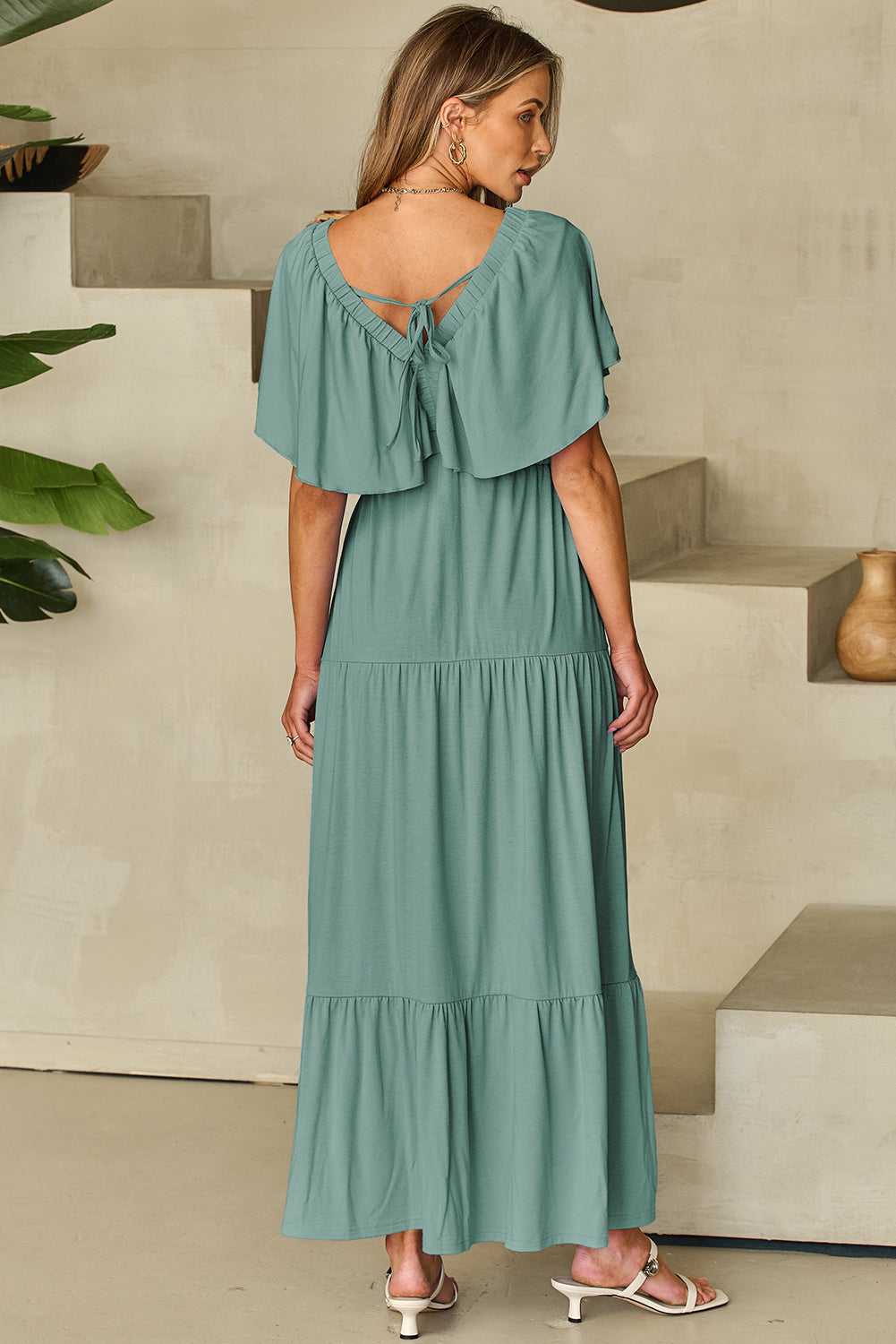 Green Textured V Neck Flutter Sleeve Ruffled Maxi Dress-TOPS / DRESSES-[Adult]-[Female]-2022 Online Blue Zone Planet