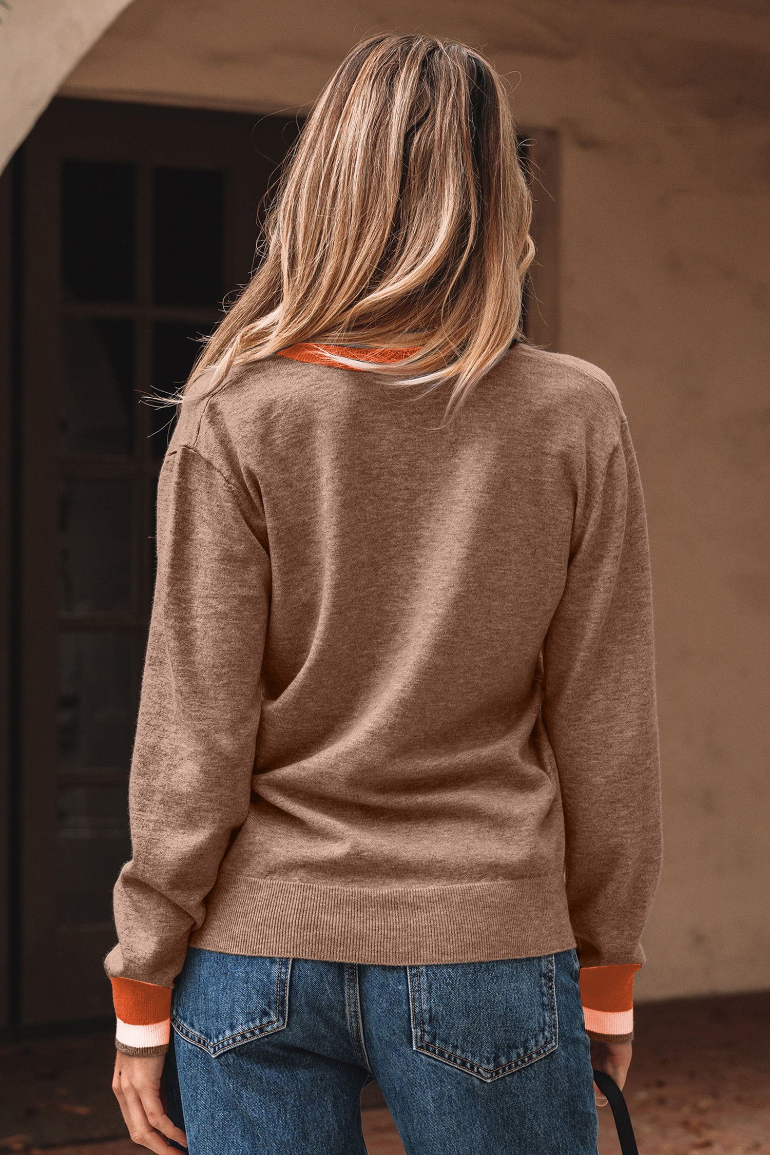 Dark Khaki Contrast Striped Trim V Neck Varsity Sweater-TOPS / DRESSES-[Adult]-[Female]-2022 Online Blue Zone Planet