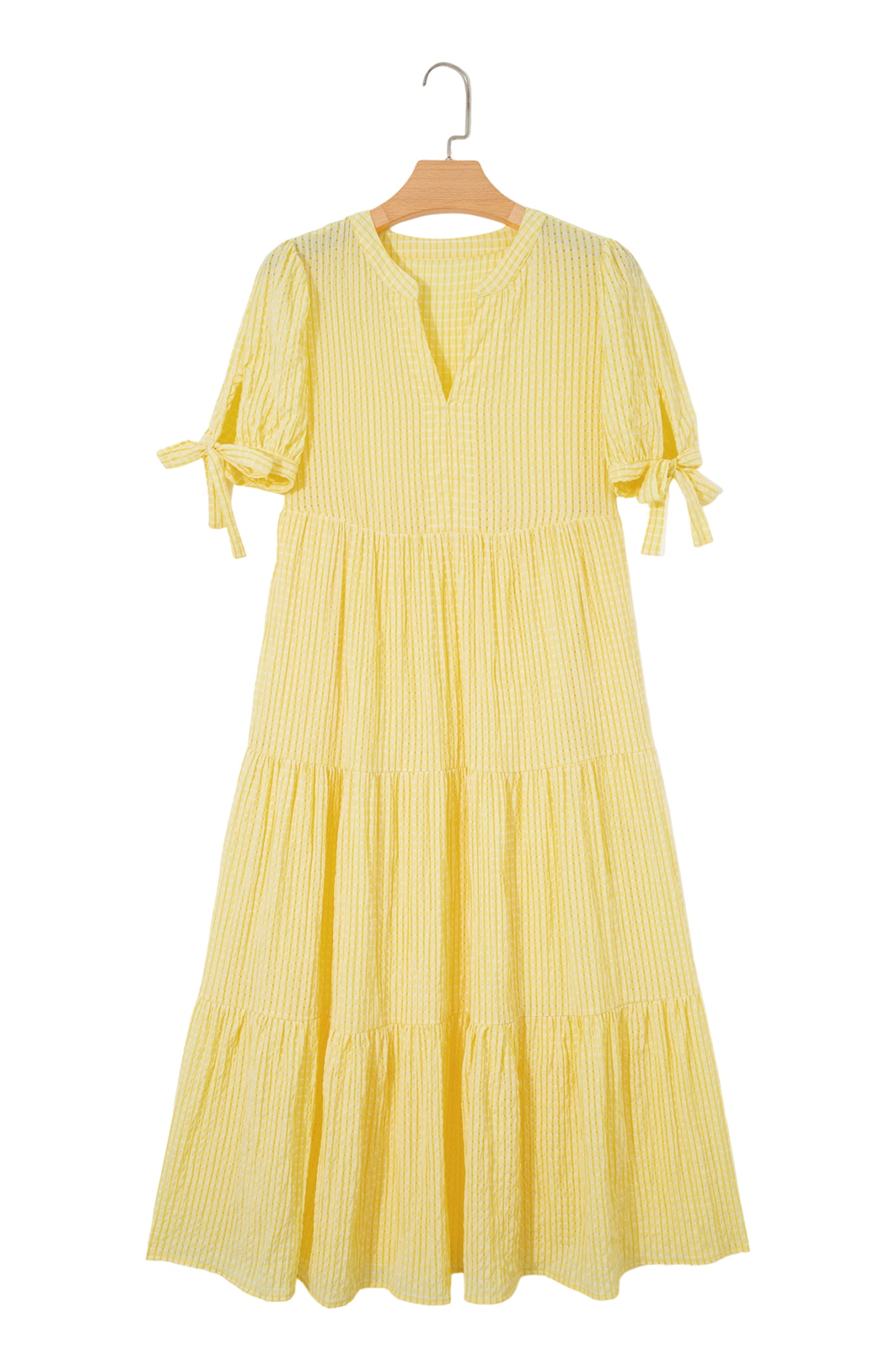 Yellow Gingham Textured Bow Tie Short Sleeve Tiered Midi Dress-TOPS / DRESSES-[Adult]-[Female]-2022 Online Blue Zone Planet