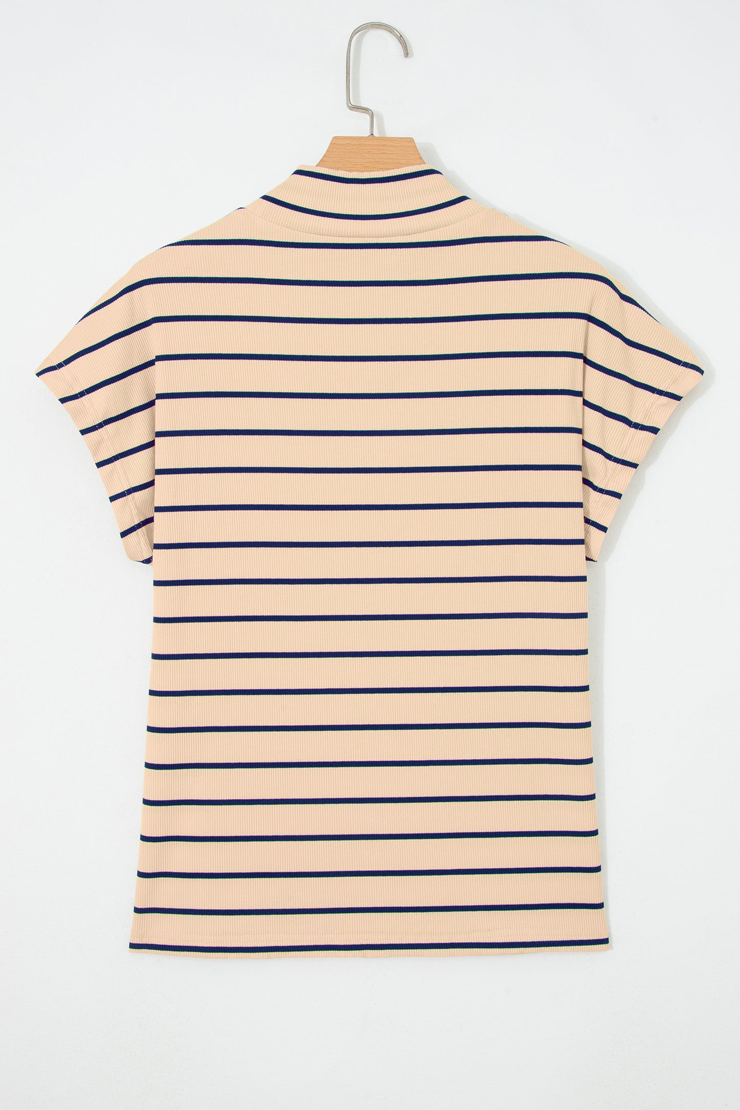 Khaki Stripe Mock Neck Short Sleeve Loose Top-Tops/Tops & Tees-[Adult]-[Female]-2022 Online Blue Zone Planet