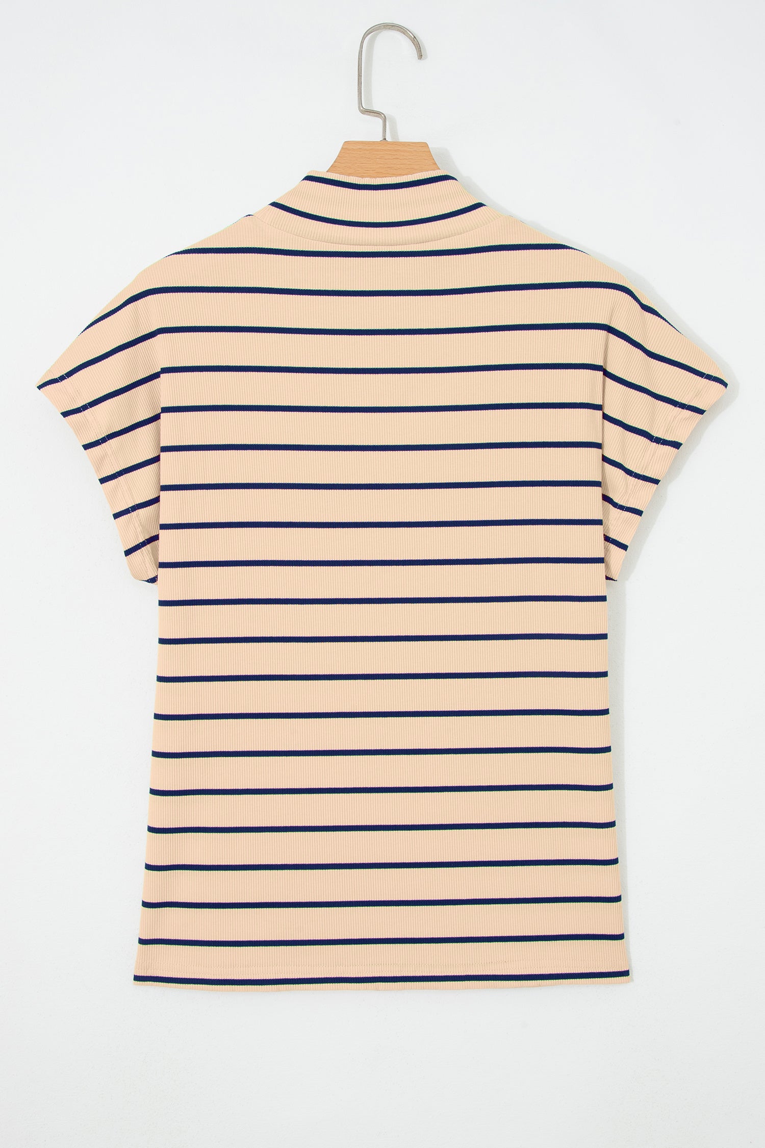 Khaki Stripe Mock Neck Short Sleeve Loose Top-Tops/Tops & Tees-[Adult]-[Female]-2022 Online Blue Zone Planet