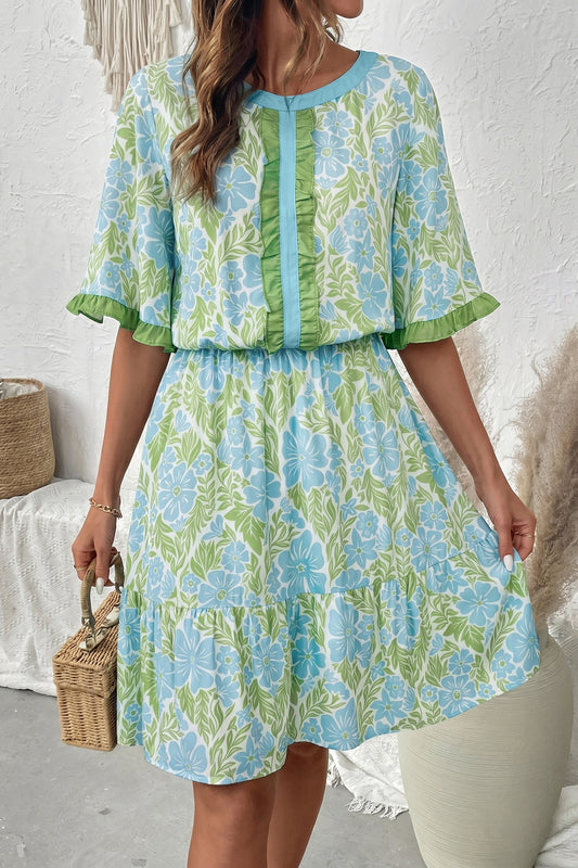 Sky Blue Floral Print High Waist Ruffle Short Sleeve Mini Dress-TOPS / DRESSES-[Adult]-[Female]-Sky Blue-S-2022 Online Blue Zone Planet