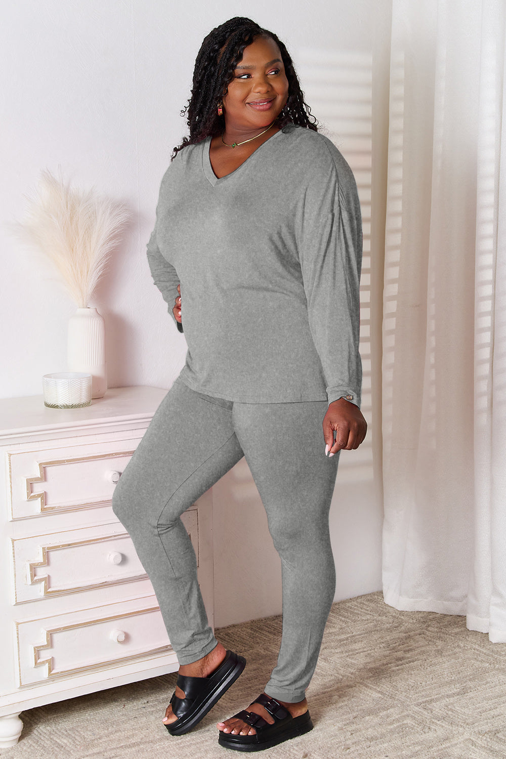 Basic Bae Bamboo Full Size V-Neck Long Sleeve Top and Pants Lounge Set-TOPS / DRESSES-[Adult]-[Female]-2022 Online Blue Zone Planet