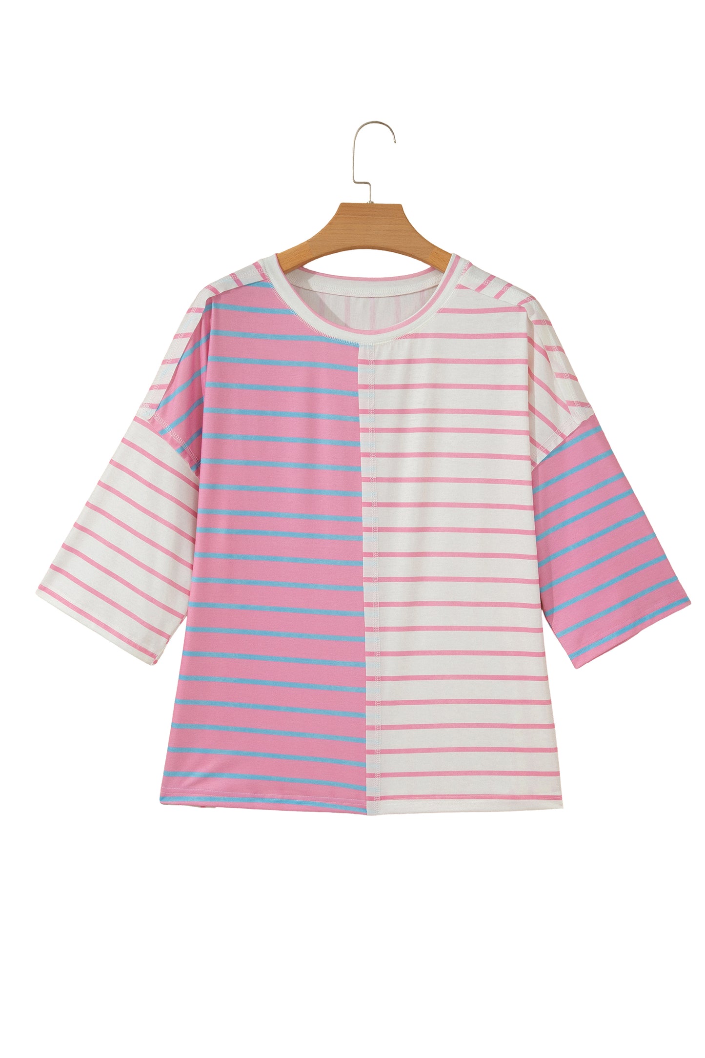Green Stripe Colorblock 3/4 Sleeve Loose T Shirt-Tops/Tops & Tees-[Adult]-[Female]-2022 Online Blue Zone Planet