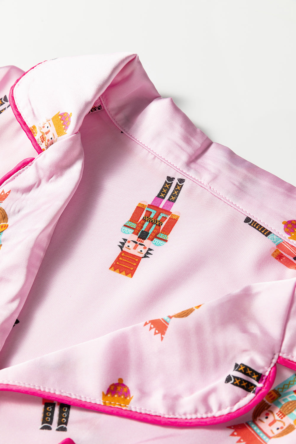 Pink Nutcracker Print Contrast Trim Tied up Bow Silky 2pcs Pajama Set-Loungewear & Sleepwear/Sleepwear-[Adult]-[Female]-2022 Online Blue Zone Planet