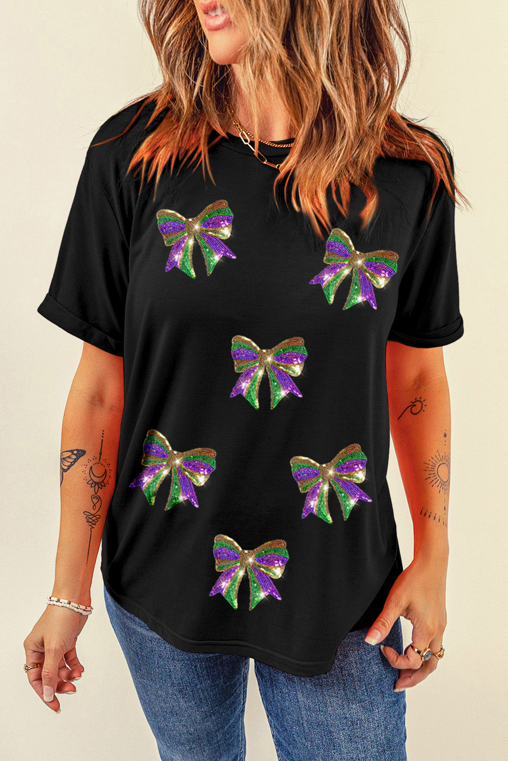 Black Sequin Mardi Gras Bow Graphic Crewneck Tee-Graphic Tees-[Adult]-[Female]-2022 Online Blue Zone Planet