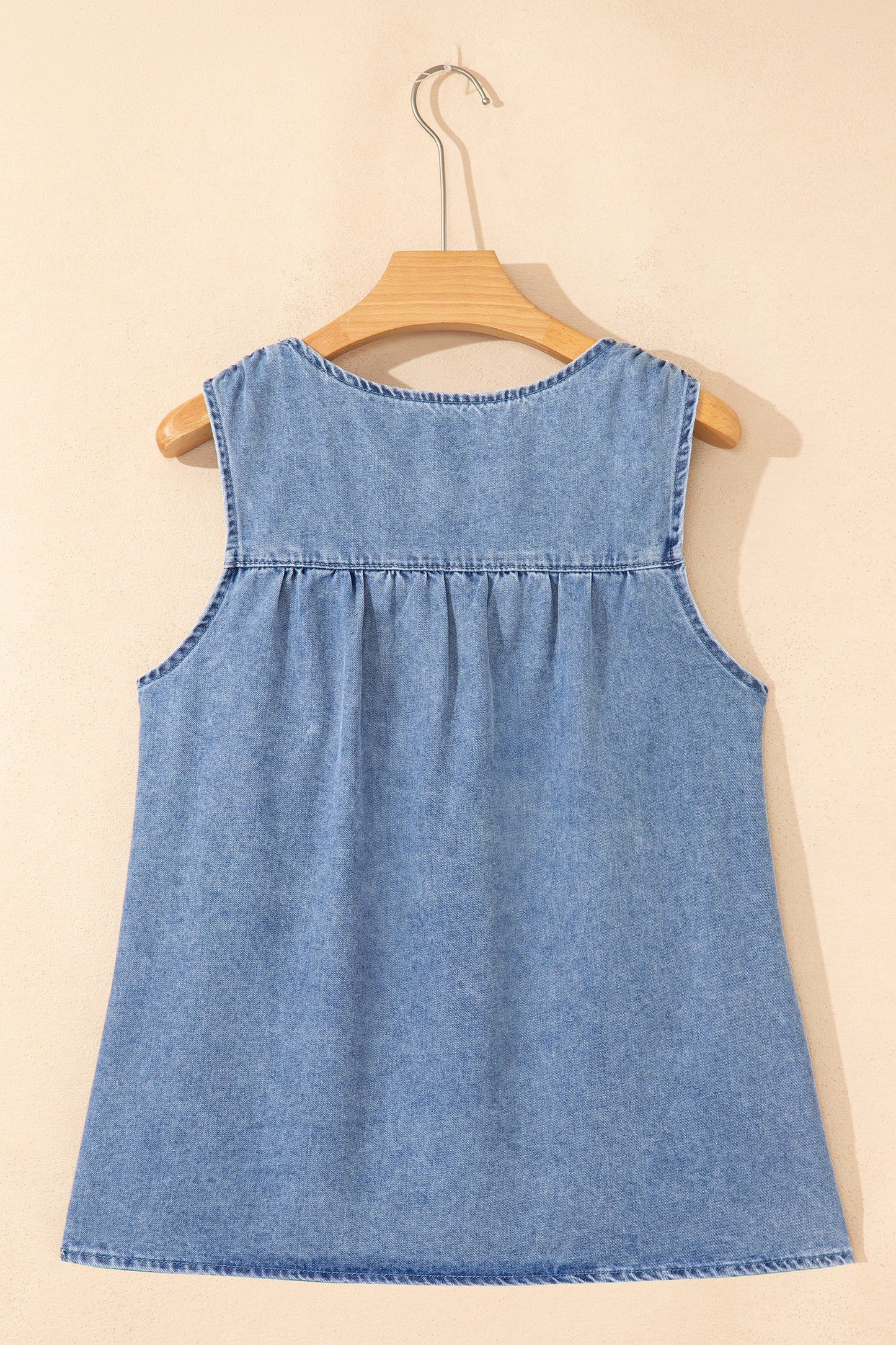 Myosotis Denim Pleated Patchwork Sleeveless Top-Tops/Tank Tops-[Adult]-[Female]-2022 Online Blue Zone Planet