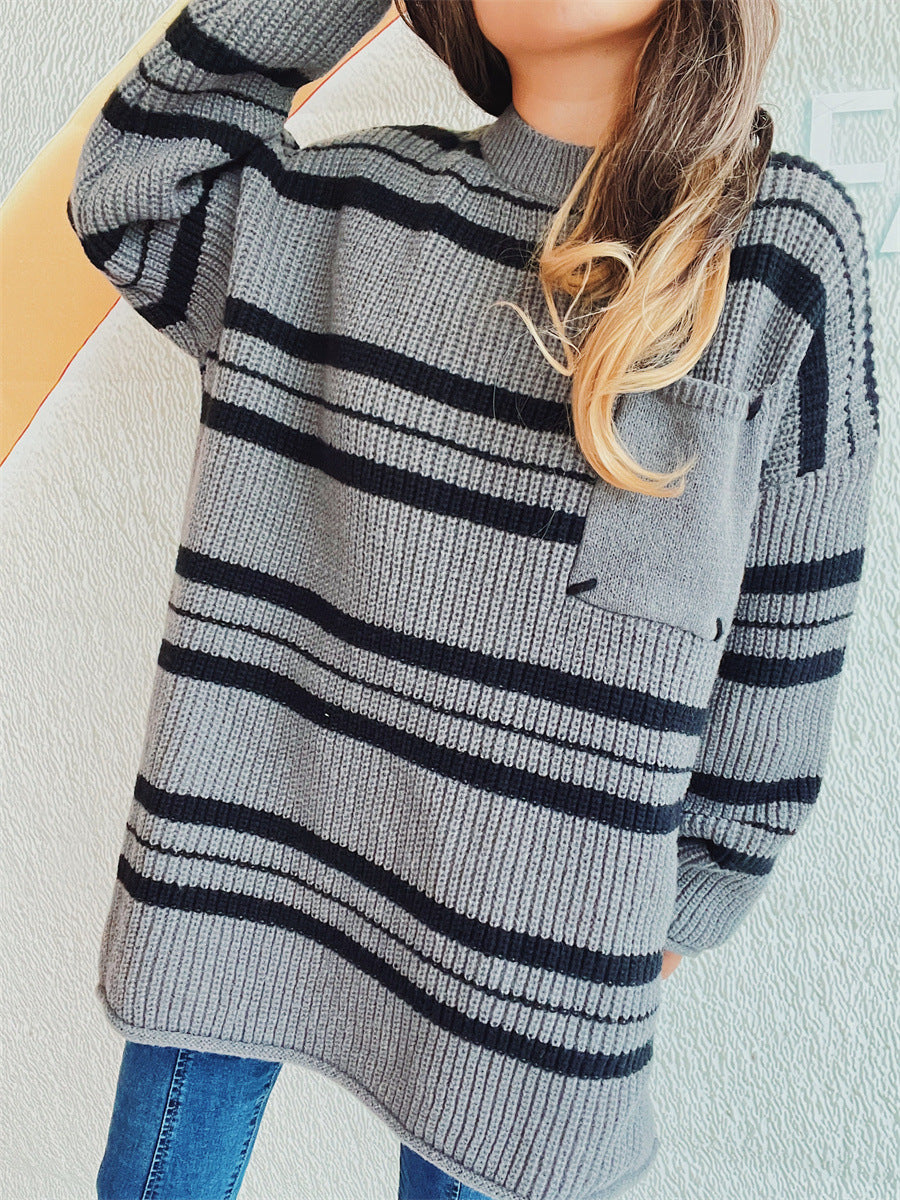 Blue Zone Planet | Striped Round Neck Long Sleeve Sweater-TOPS / DRESSES-[Adult]-[Female]-Dark Gray-One Size-2022 Online Blue Zone Planet