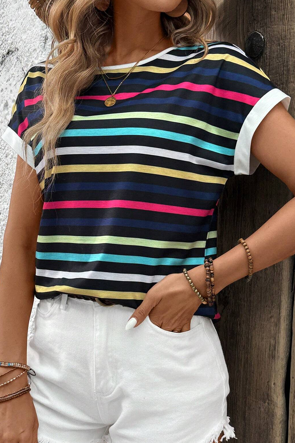 Black Stripe Multicolor Contrast Edge Crew Neck T Shirt-Tops/Tops & Tees-[Adult]-[Female]-2022 Online Blue Zone Planet