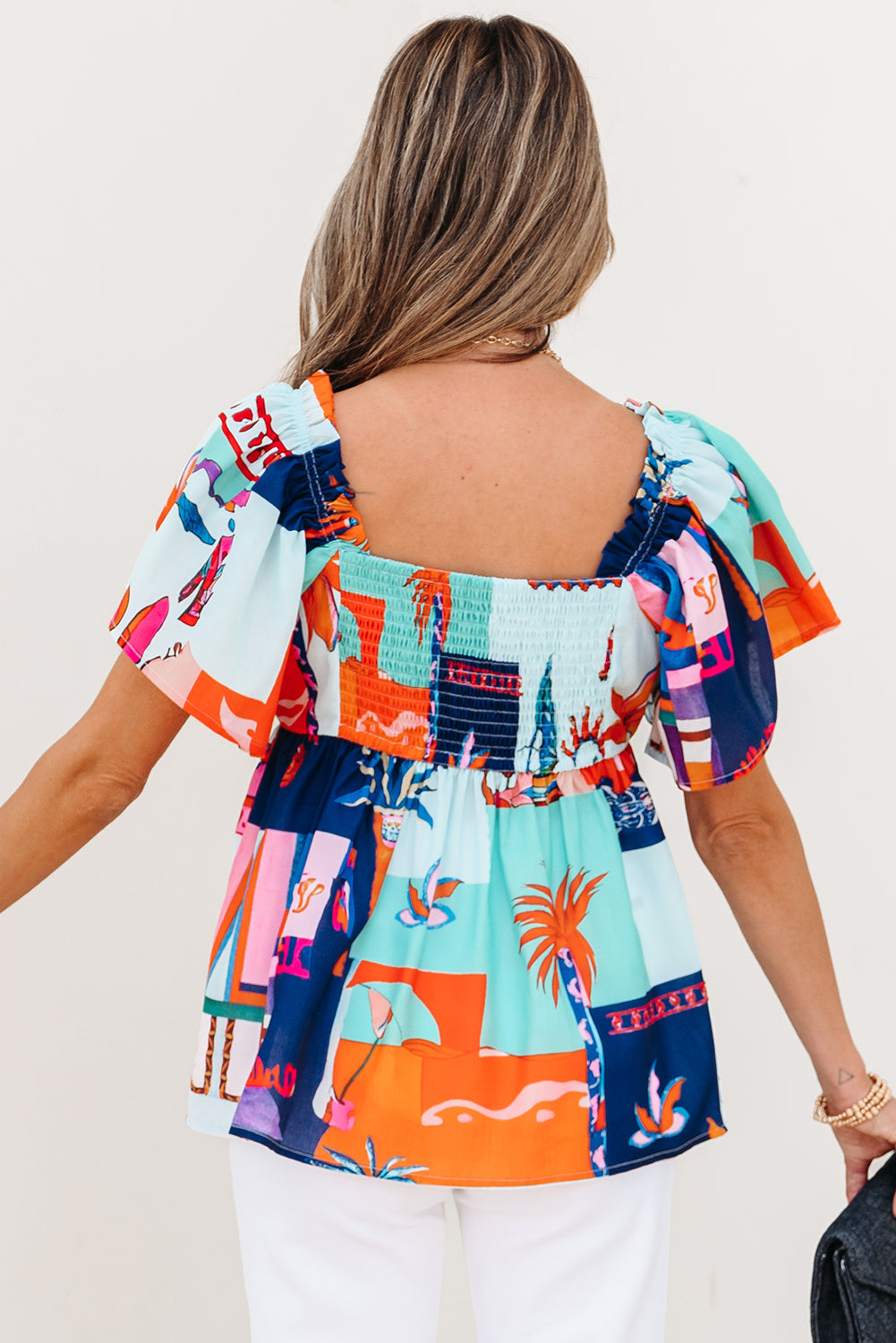 Sky Blue Tropical Printed Square Neck Flutter Sleeve Babydoll Blouse-Tops/Blouses & Shirts-[Adult]-[Female]-2022 Online Blue Zone Planet