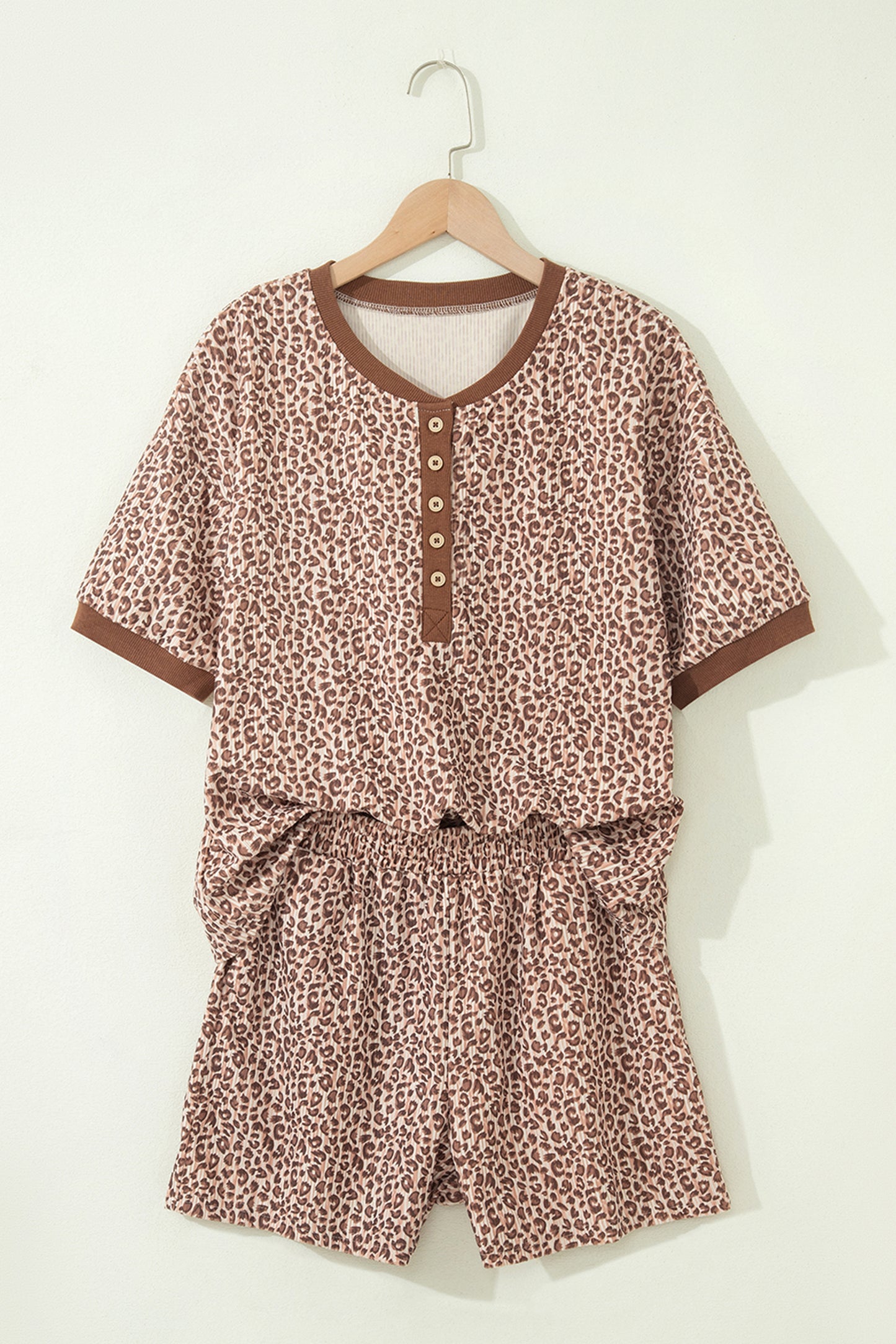 Brown Leopard Print Ribbed Patchwork Half Button Loose Tee Elastic Waist Short 2pcs Set-Two Piece Sets/Short Sets-[Adult]-[Female]-2022 Online Blue Zone Planet