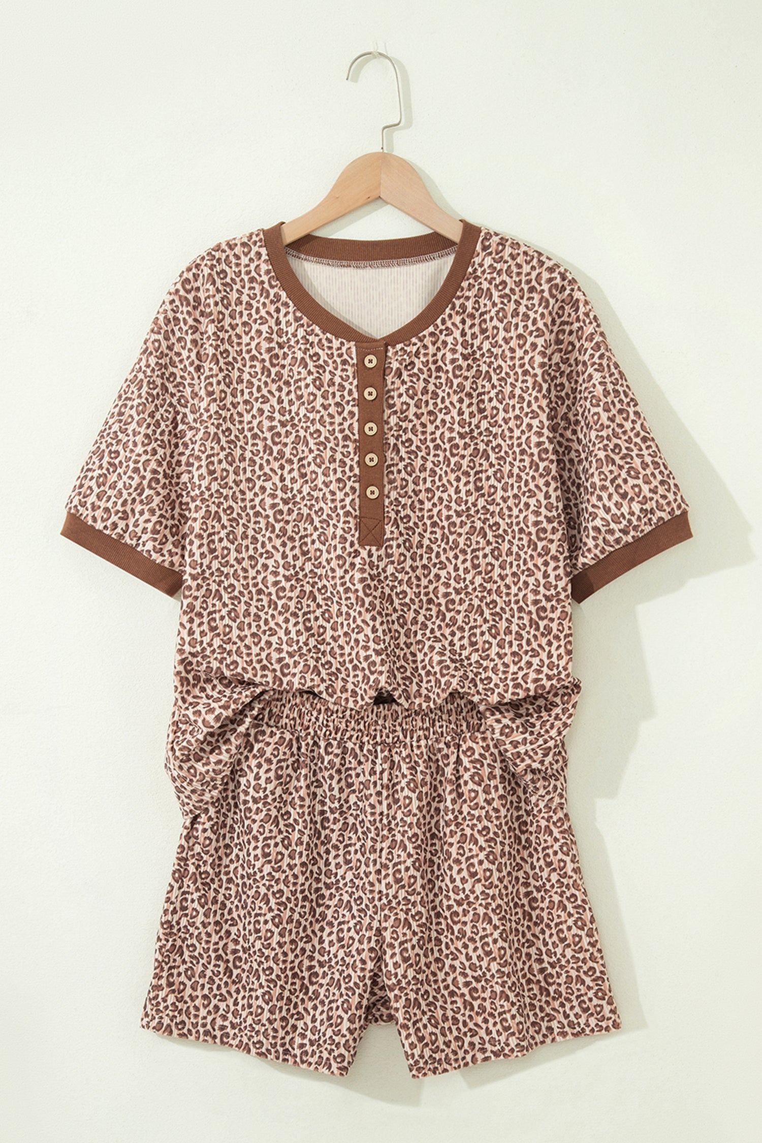 Brown Leopard Print Ribbed Patchwork Half Button Loose Tee Elastic Waist Short 2pcs Set-Two Piece Sets/Short Sets-[Adult]-[Female]-2022 Online Blue Zone Planet