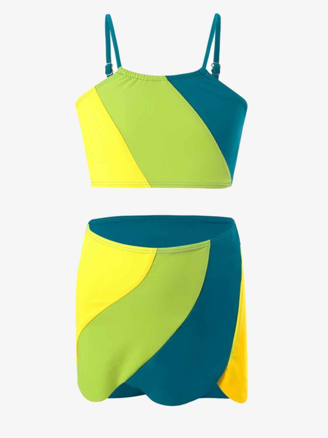 Color Block Top, Brief and Skirt Swim Set-TOPS / DRESSES-[Adult]-[Female]-Turquoise-2-3-2022 Online Blue Zone Planet