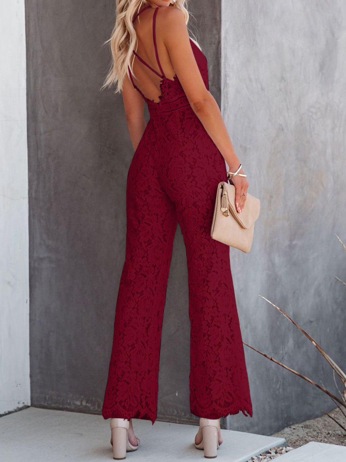 Lace V-Neck Spaghetti Strap Jumpsuit-TOPS / DRESSES-[Adult]-[Female]-2022 Online Blue Zone Planet