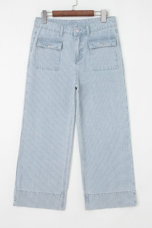 Sky Blue Stripe Button Flap Pocket Cuffed Hem Wide Leg Jeans-Bottoms/Jeans-[Adult]-[Female]-2022 Online Blue Zone Planet