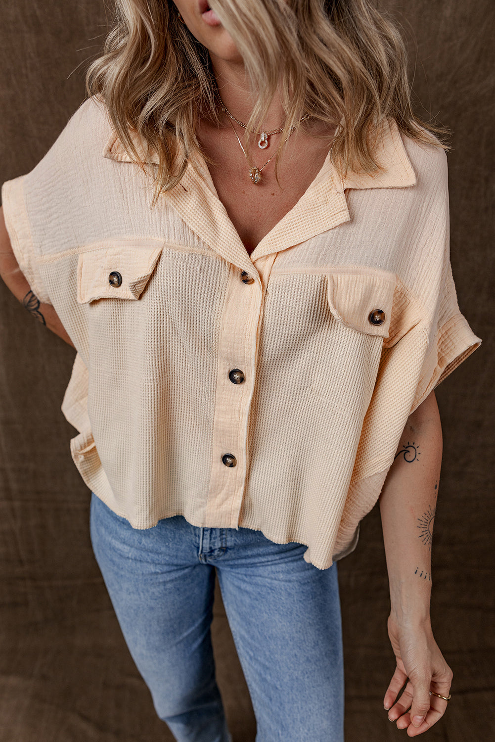 Beige Waffle Splicing Short Batwing Sleeve Flap Detail Shirt-Tops/Blouses & Shirts-[Adult]-[Female]-2022 Online Blue Zone Planet
